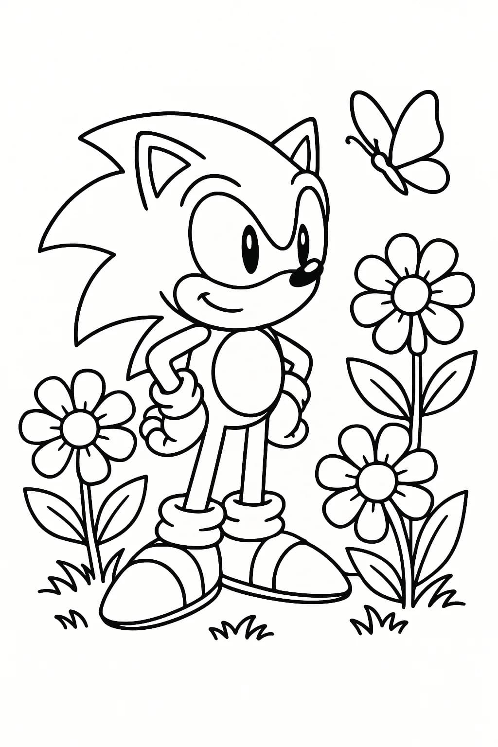 Sonic the Hedgehog in a garden with big flowers and a butterfly, easy coloring page