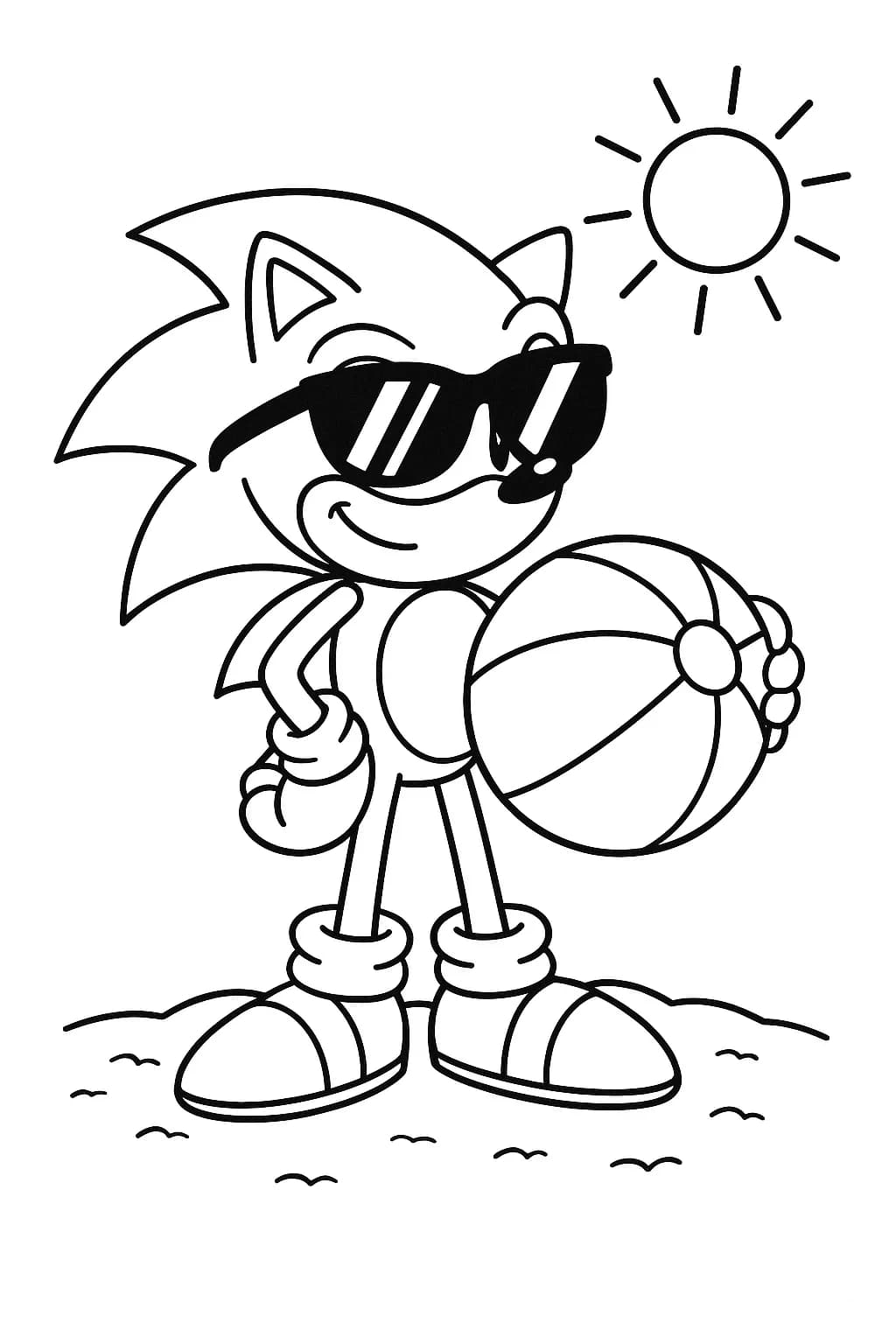 Sonic the Hedgehog wearing sunglasses and holding a beach ball on the sand, easy coloring page