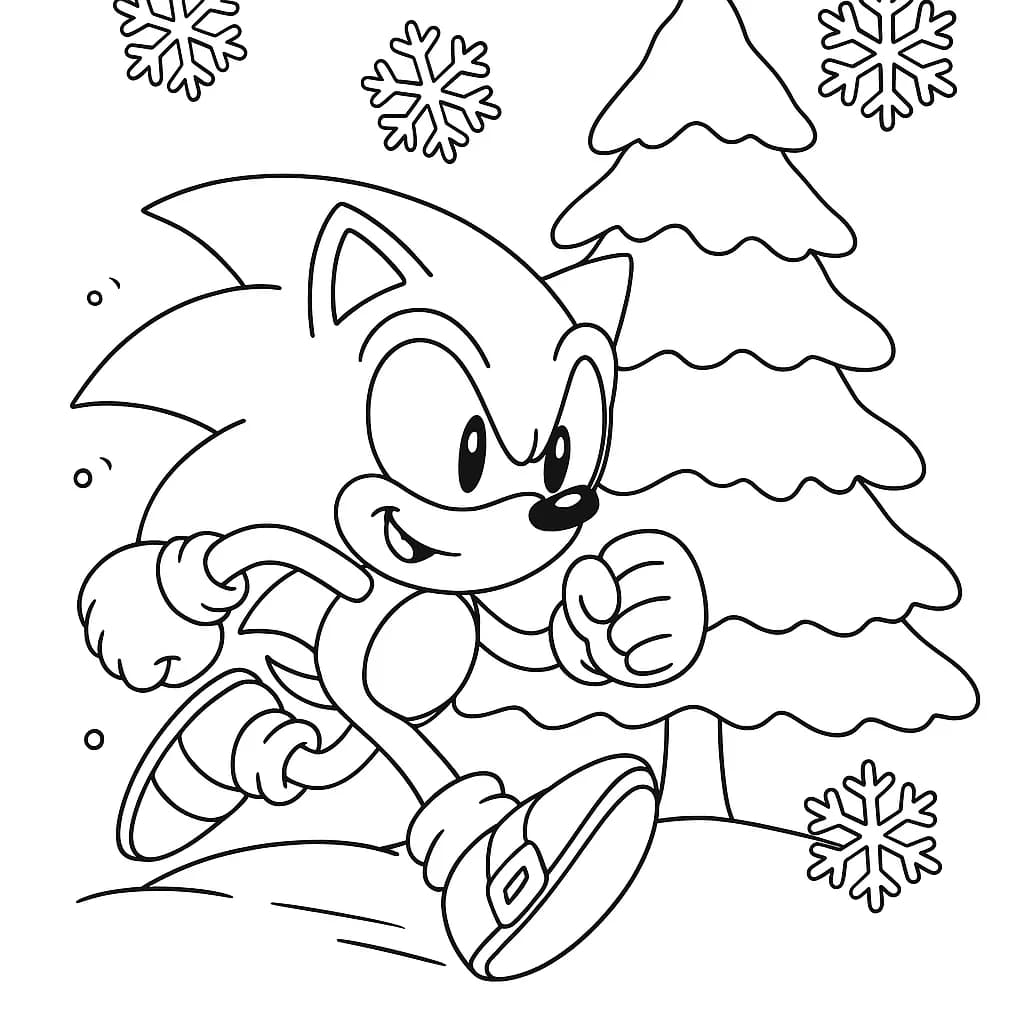 Simple Sonic running with snowflakes and a snow-covered tree.