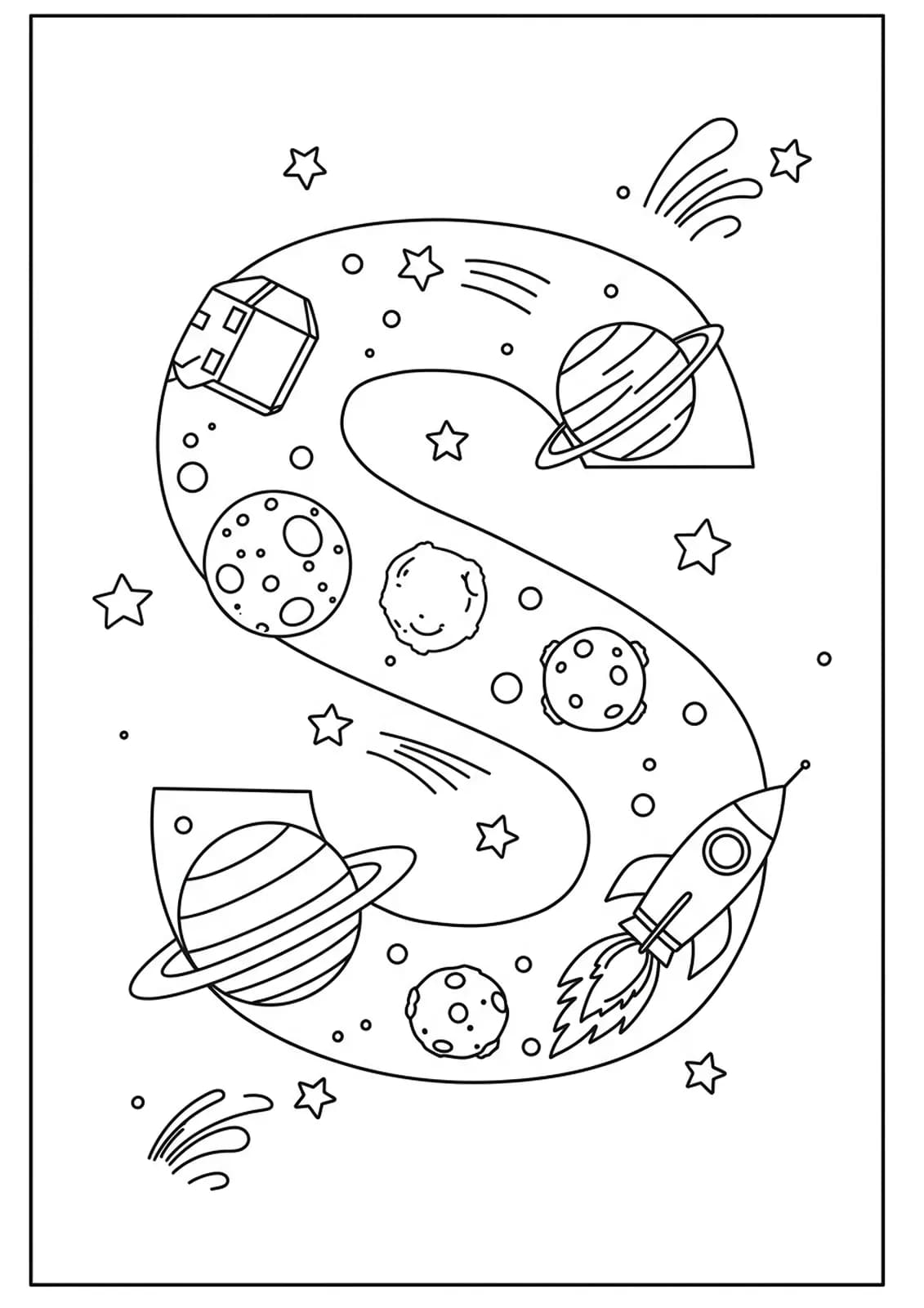 Large letter S with planets, stars, and a rocket ship, outlined for elementary coloring.
