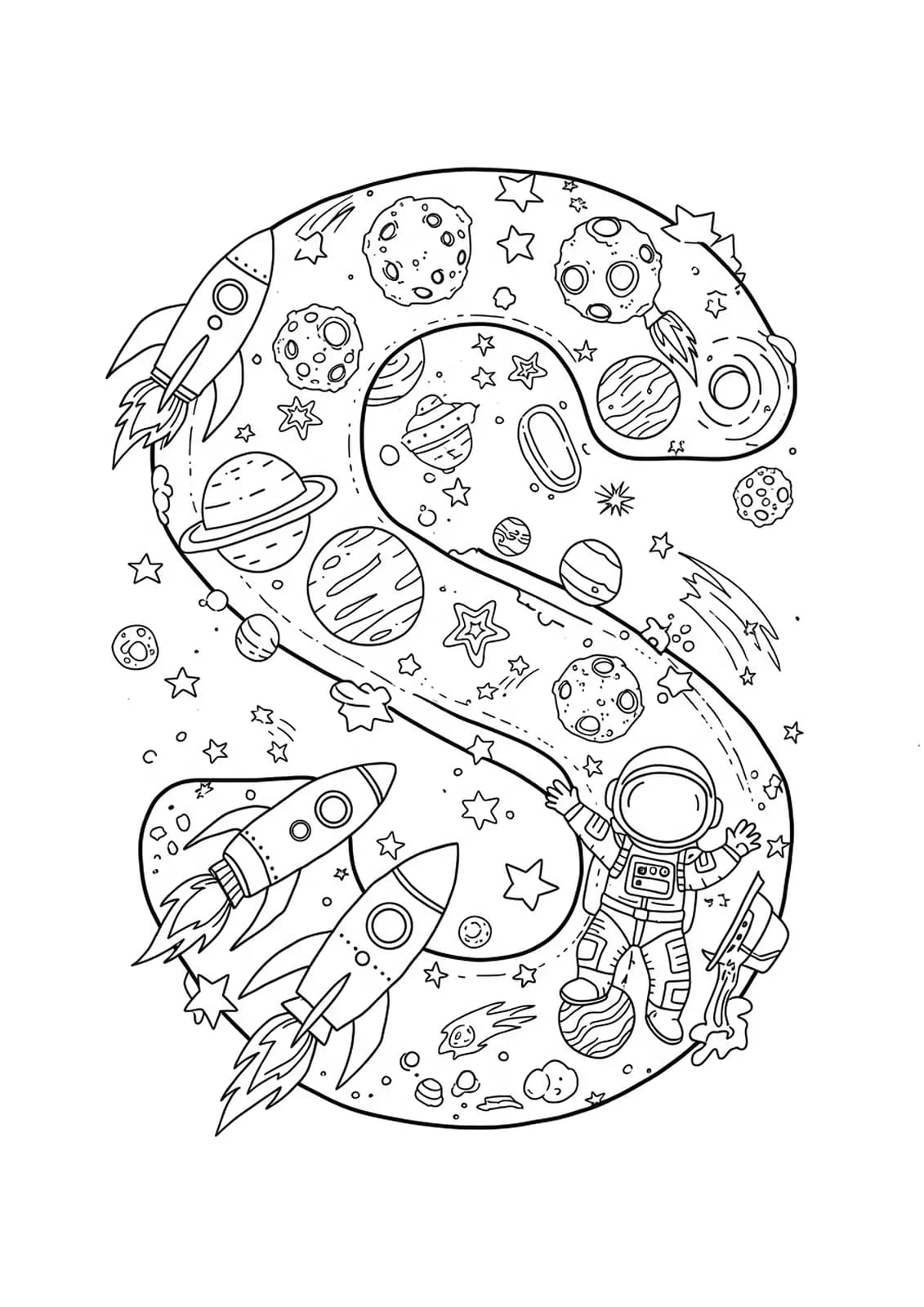 Letter S with intricate space-themed details like rockets, planets, and stars for hard coloring.