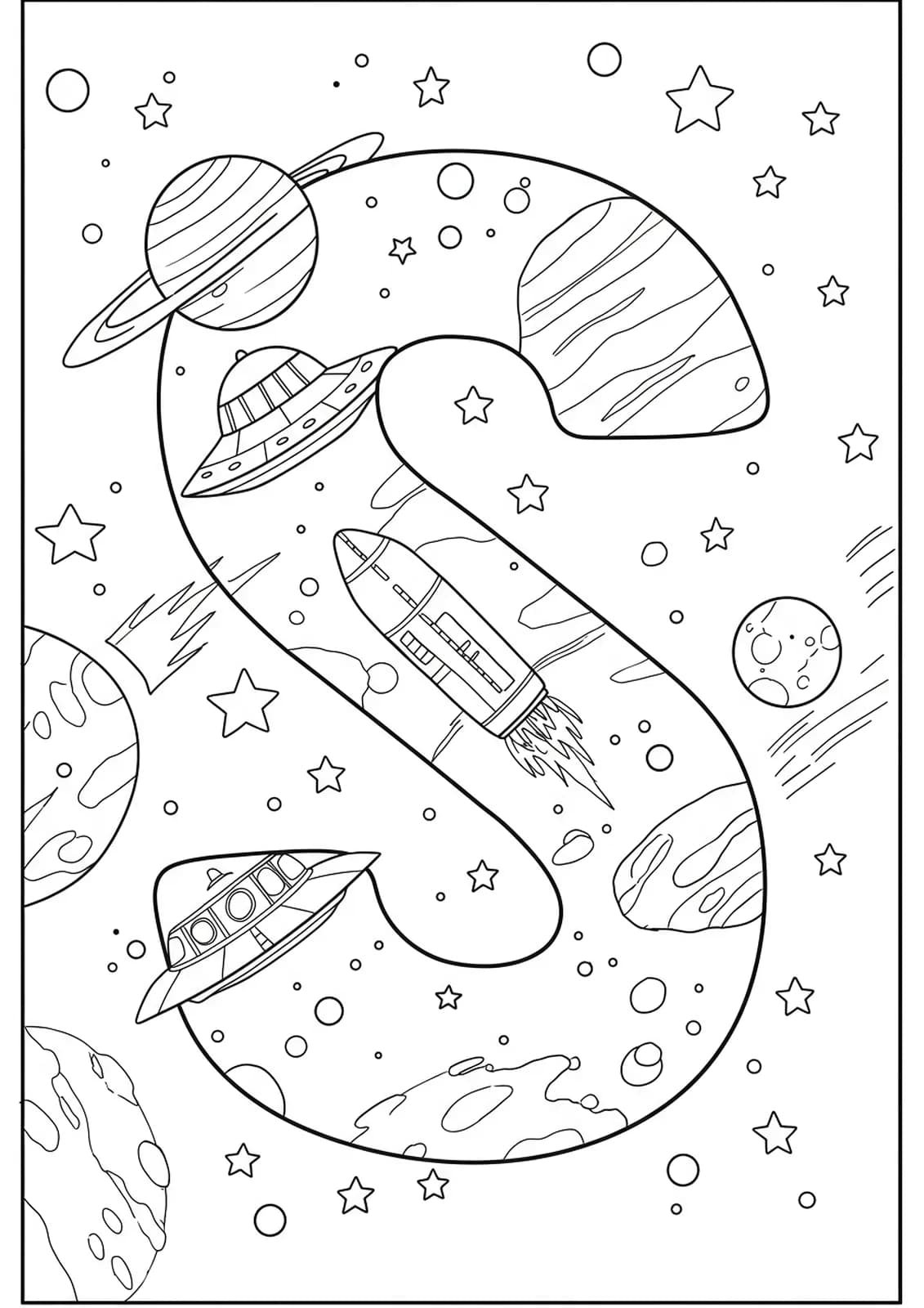 Coloring page shows a large letter S among spaceships, stars, and the planet Saturn.