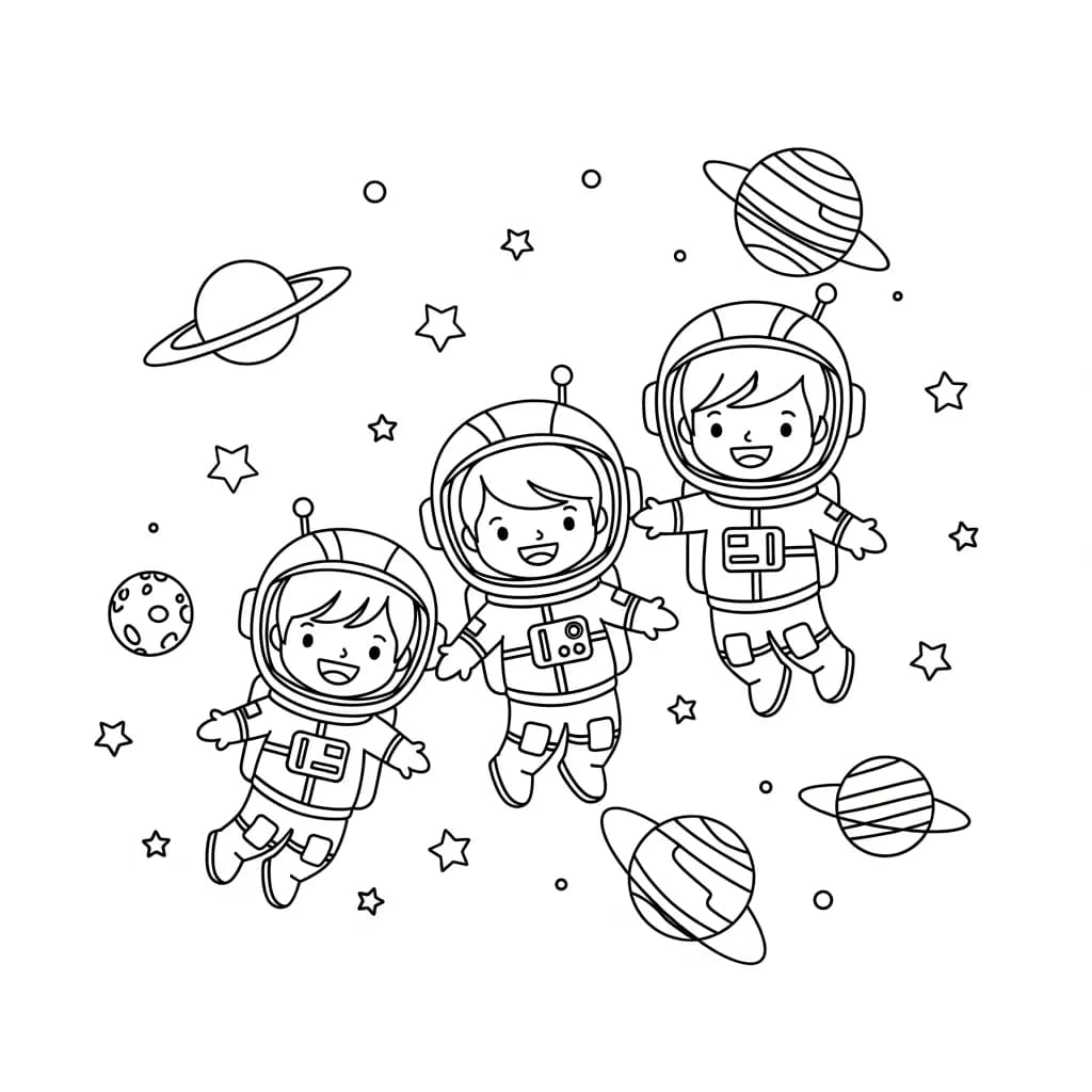 Astronaut kids floating near rockets and planets in space