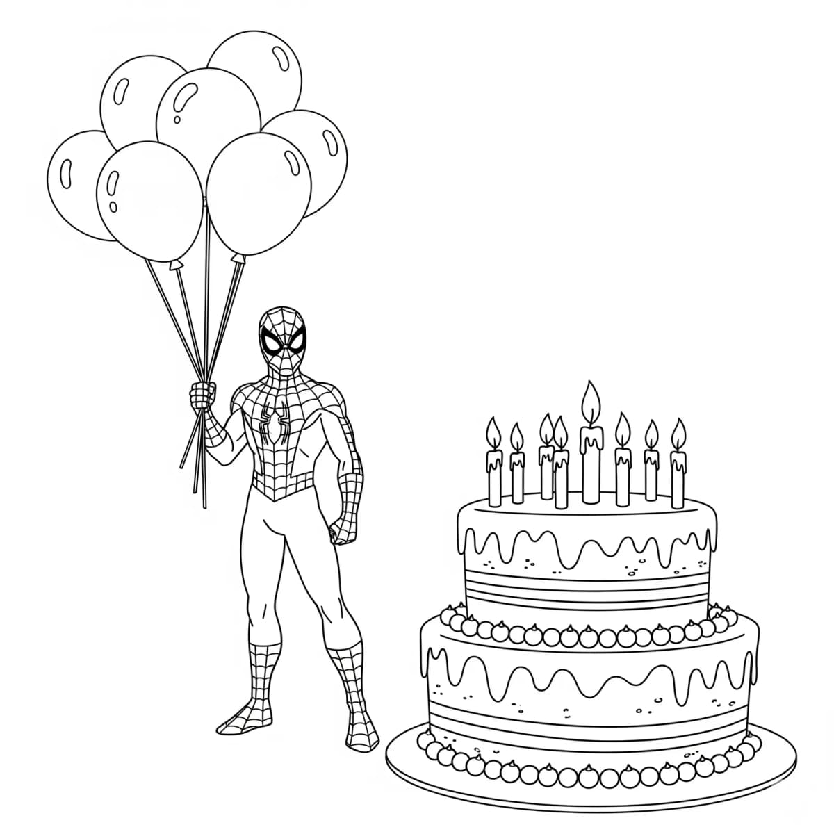 Spiderman holding balloons next to a large birthday cake with candles