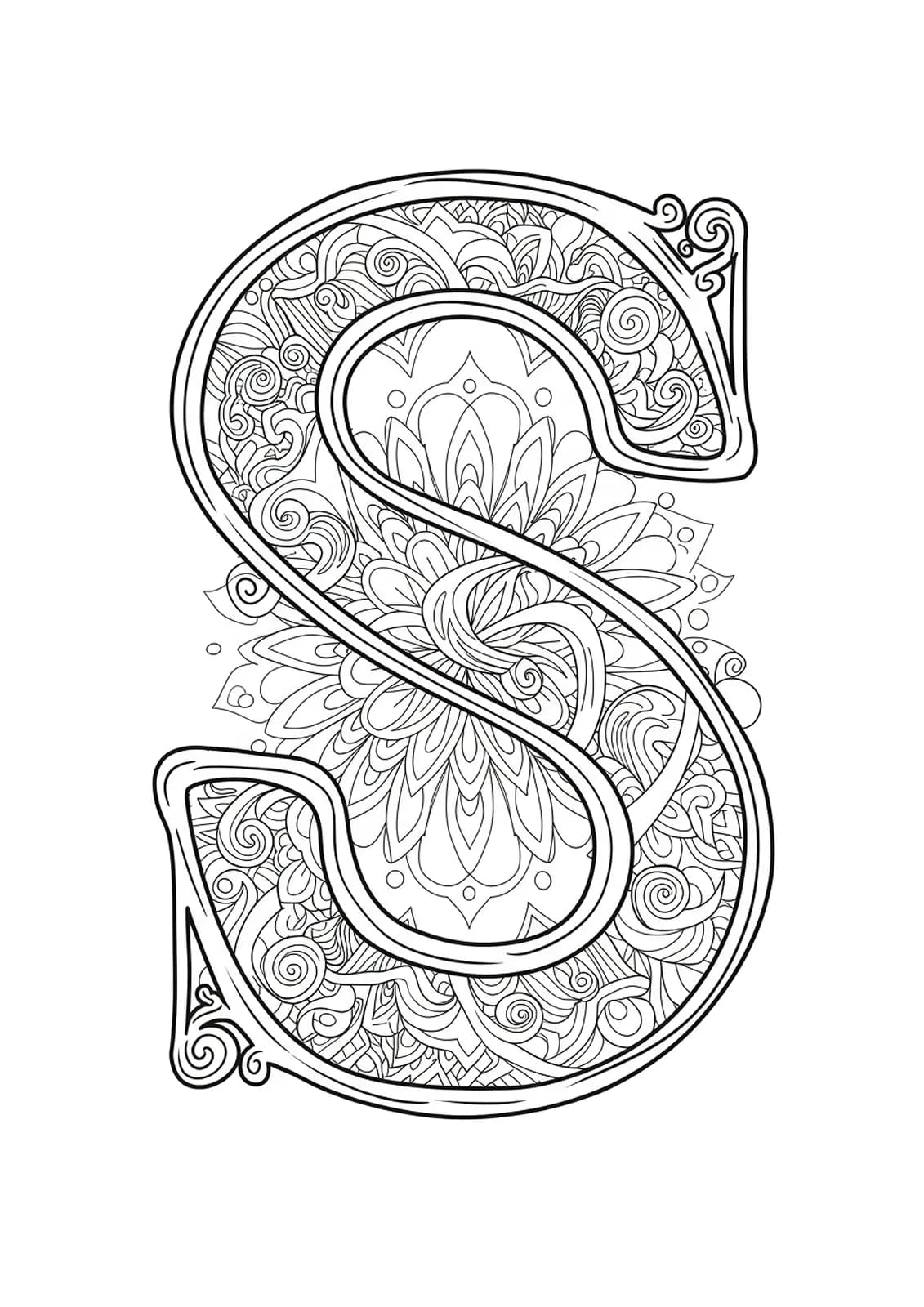 Letter S intertwined with complex spiral mandala patterns, featuring elaborate linework, hard adult coloring page