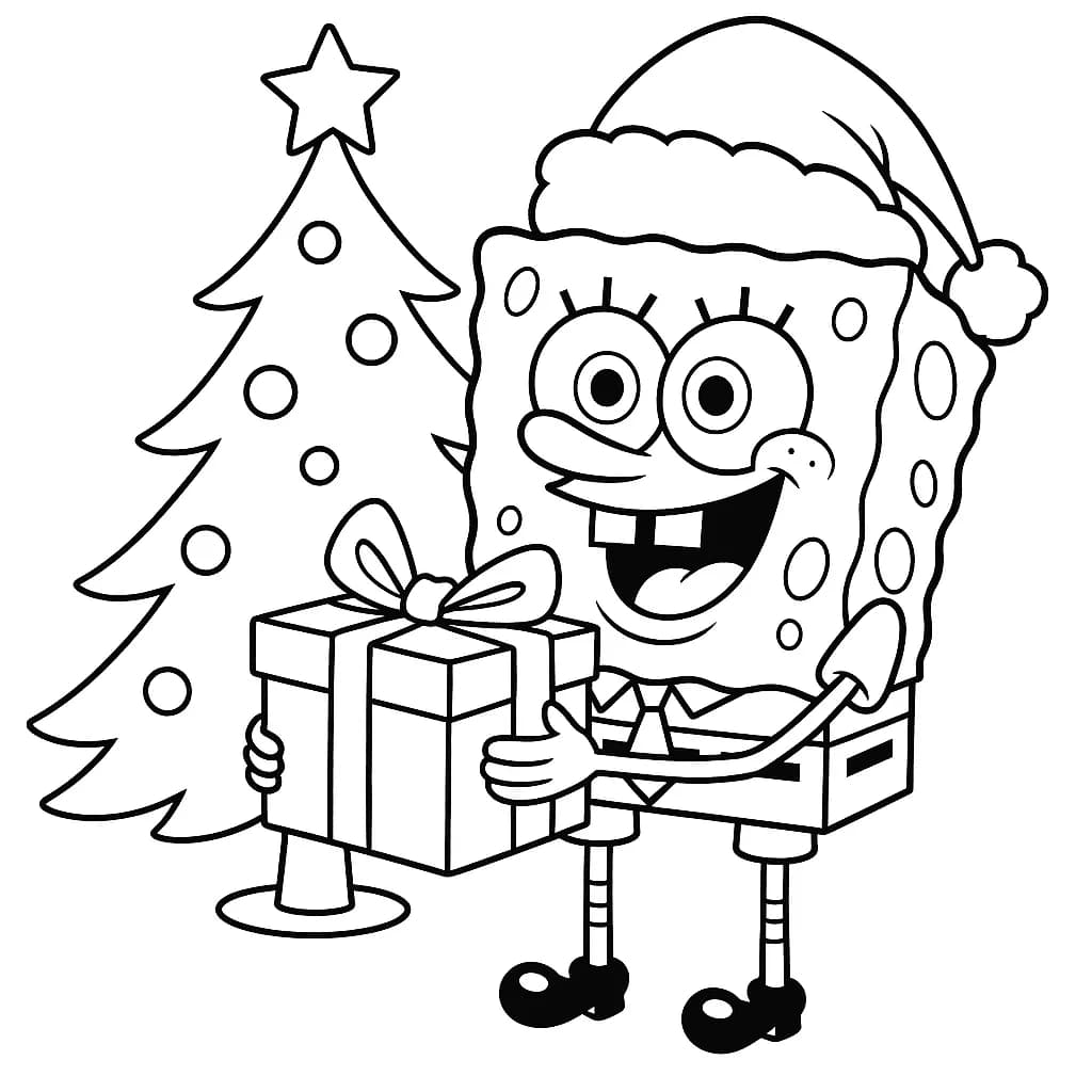 SpongeBob SquarePants wearing a Santa hat, holding a large gift box, standing next to a decorated Christmas tree, easy coloring page.