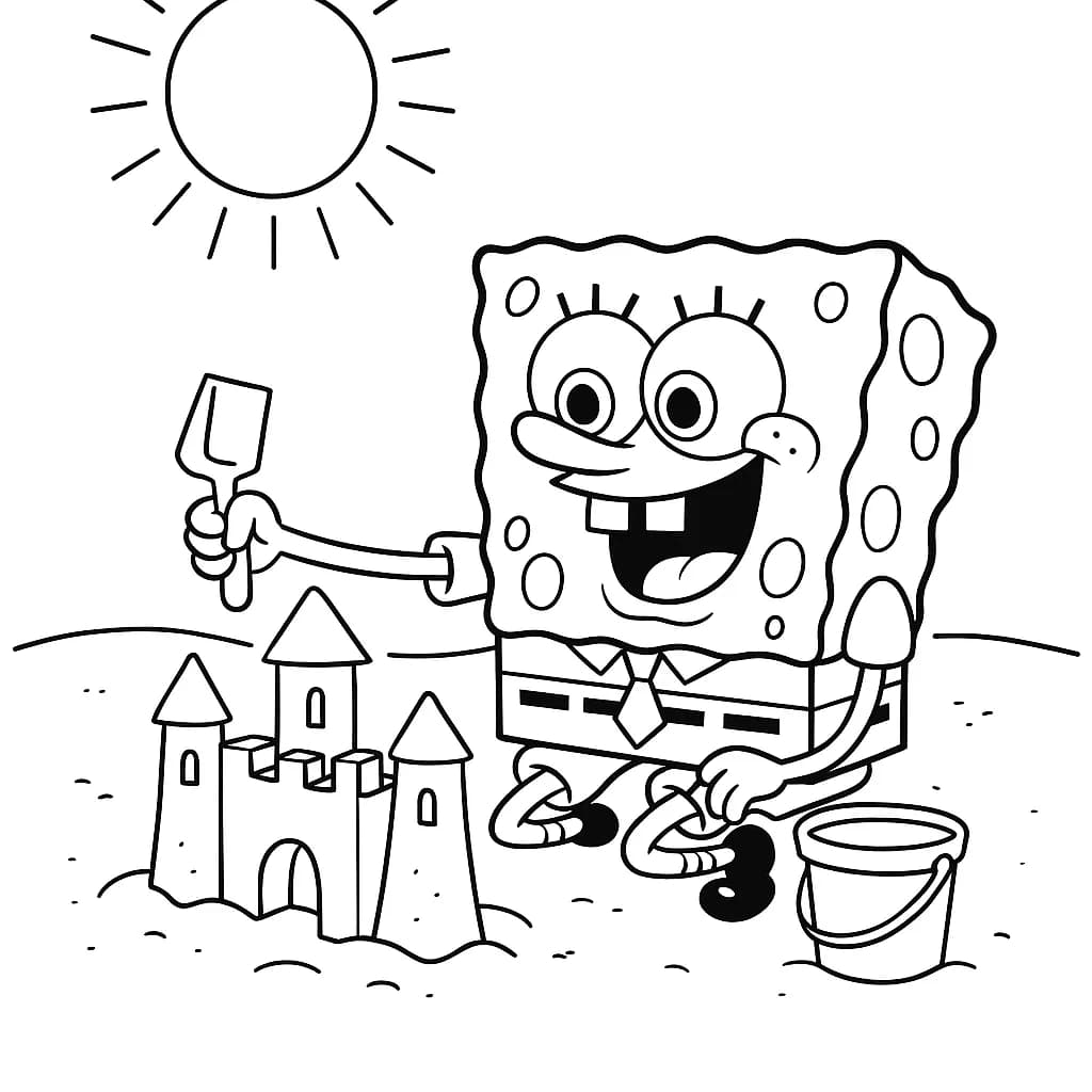 SpongeBob wearing swim trunks, building a large sandcastle on the beach with a pail and shovel, sun shining above, easy coloring page.