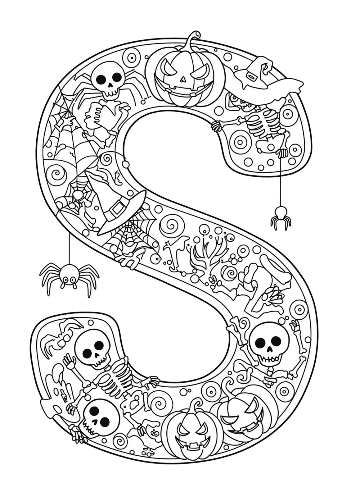 Detailed letter S with spiders, skeletons, pumpkins, and swirls for preschool Halloween coloring