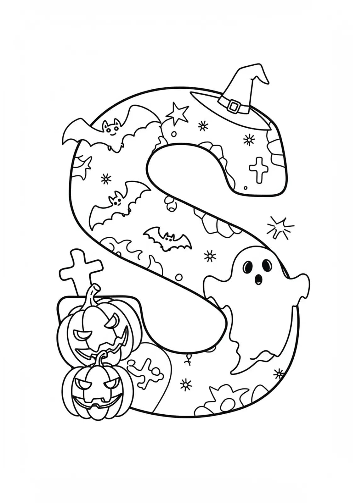 Large letter S with pumpkins, bats, and a ghost, all outlined for easy coloring.