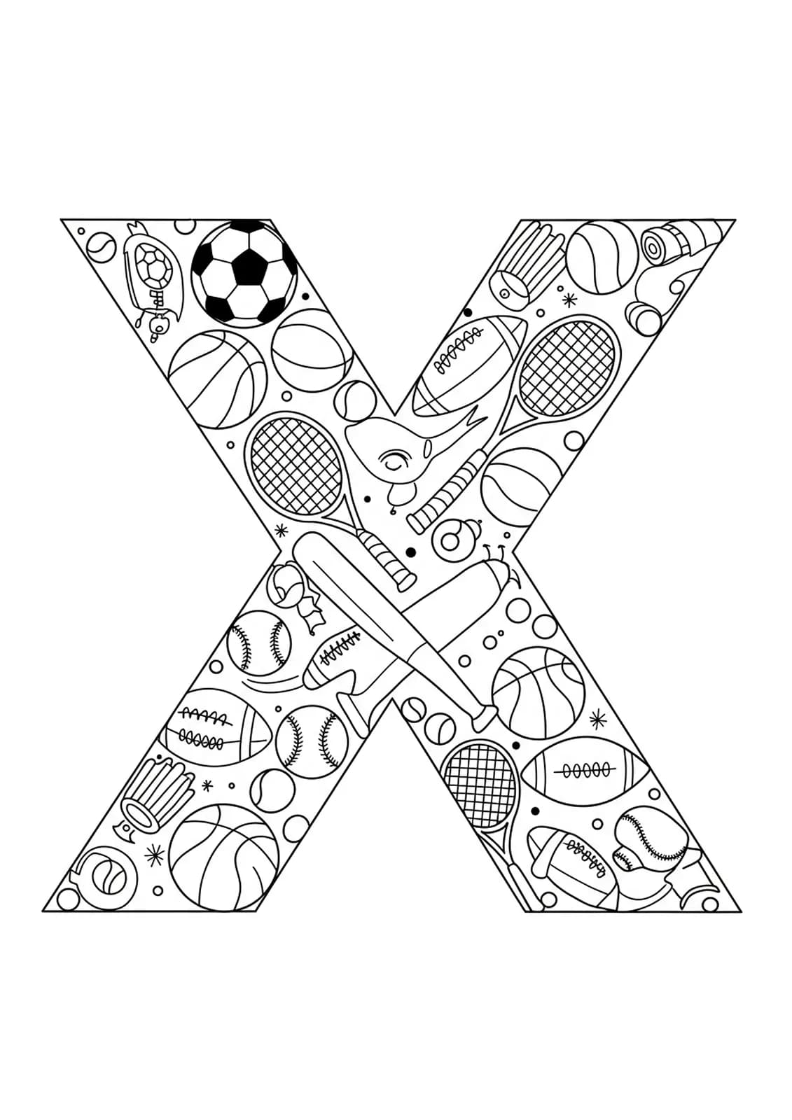 Letter X with soccer balls, basketballs, baseball bats, and tennis rackets, medium complexity for kids.