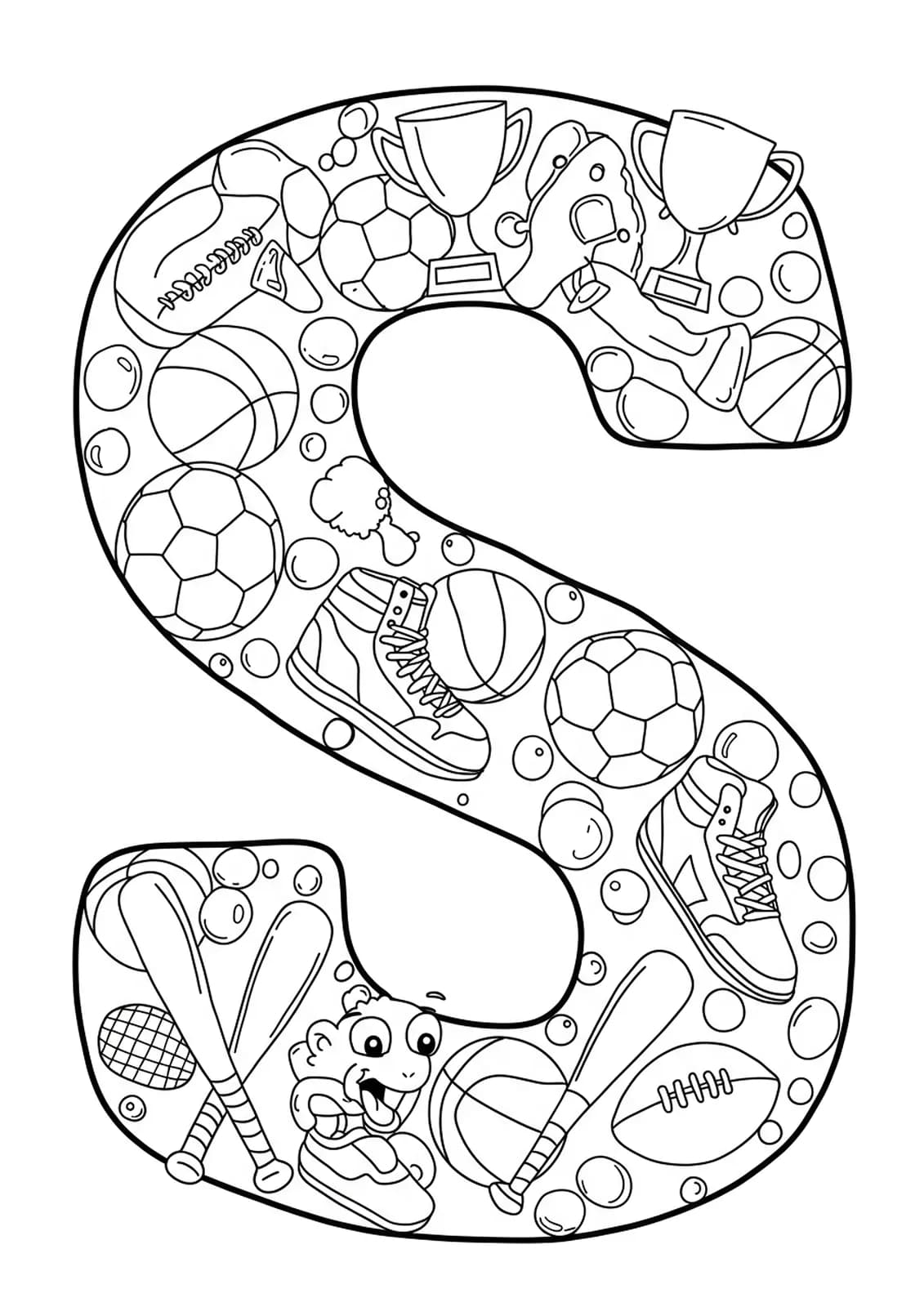 Intricate letter S with soccer balls, sneakers, bats, and trophies for preschool sports coloring