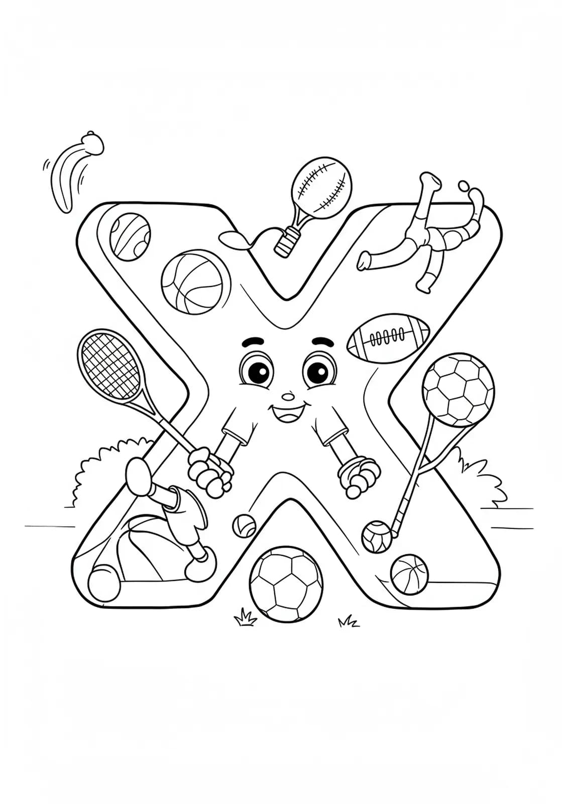 Letter X playing different sports with detailed balls, nets, and equipment for coloring