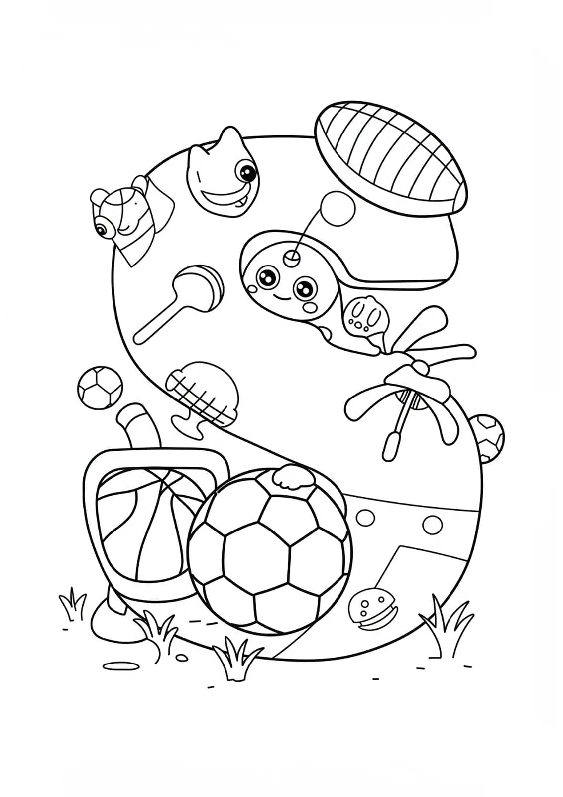 Coloring page with a big letter S and a soccer ball