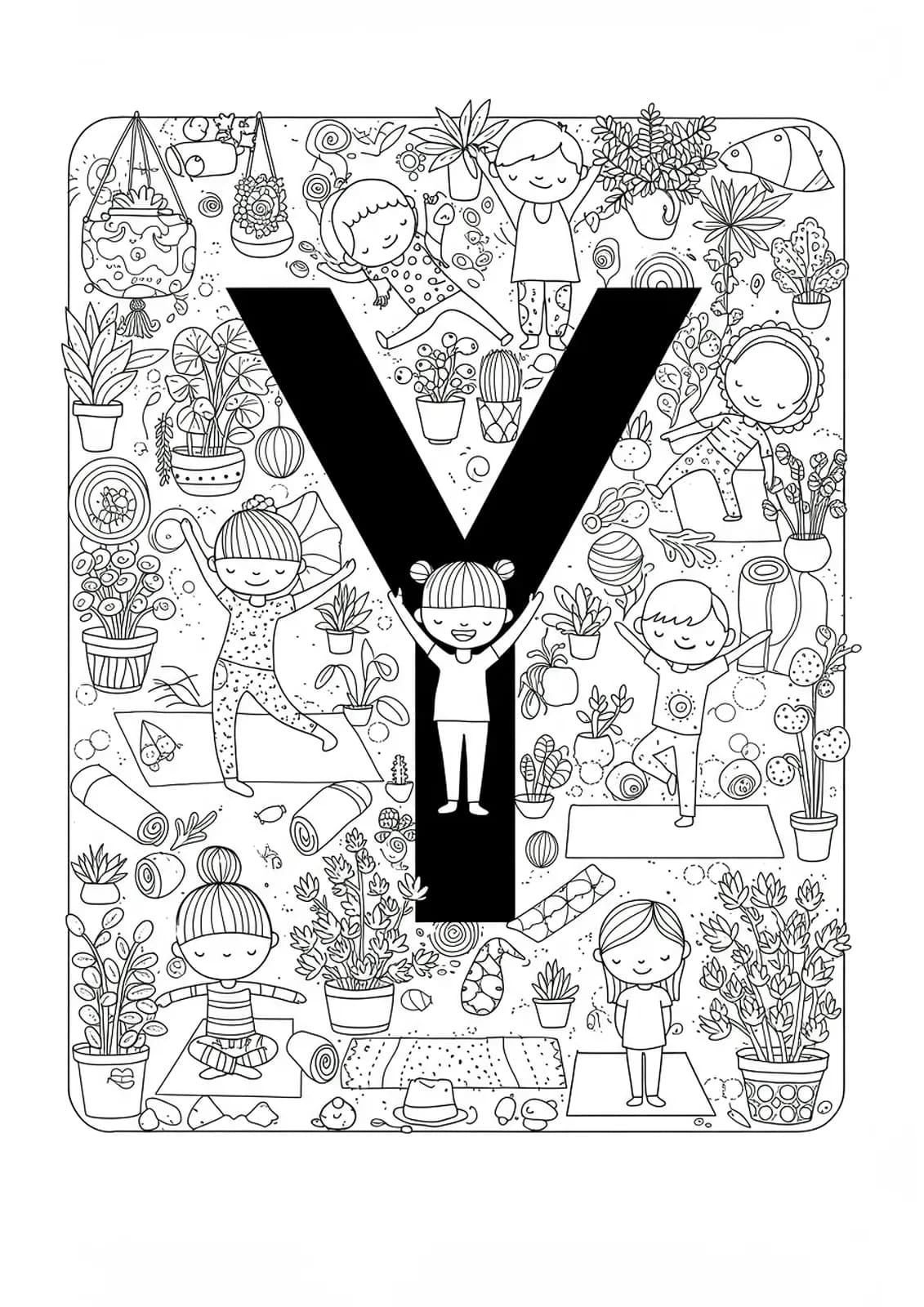 A challenging coloring page showing the letter Y among kids performing yoga poses, mats, mandalas, and plants for elementary kids.
