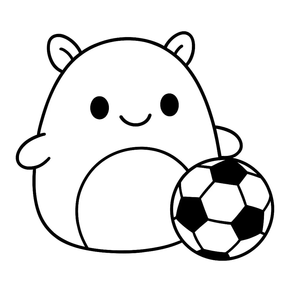 Cheerful Squishmallow with a soccer ball, simple sports-themed coloring page.