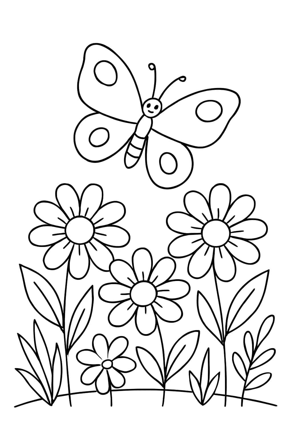 Easy butterfly coloring page with a butterfly hovering over spring flowers for kids.