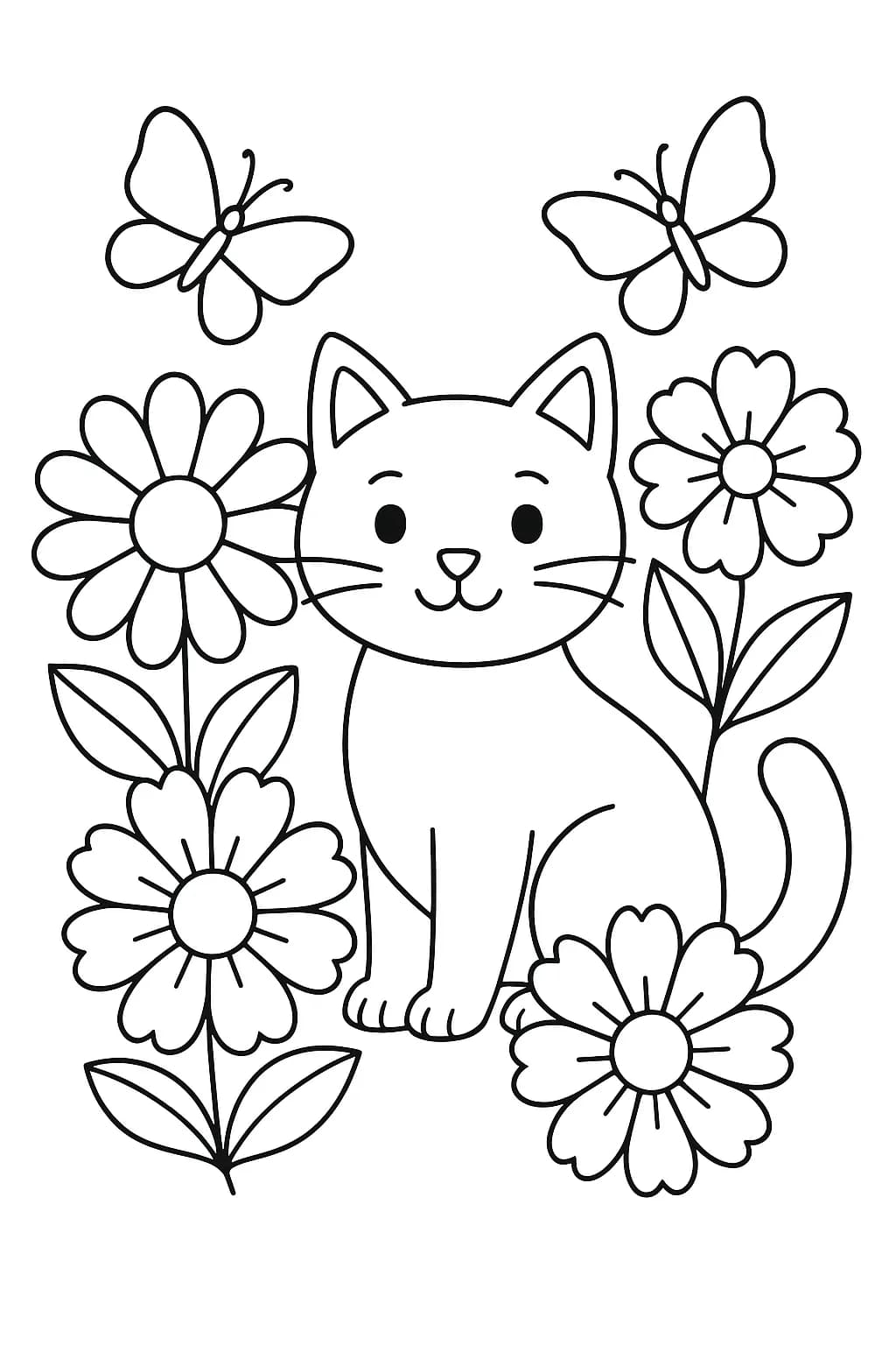 Easy preschool coloring page of a cat with flowers and butterflies in a garden
