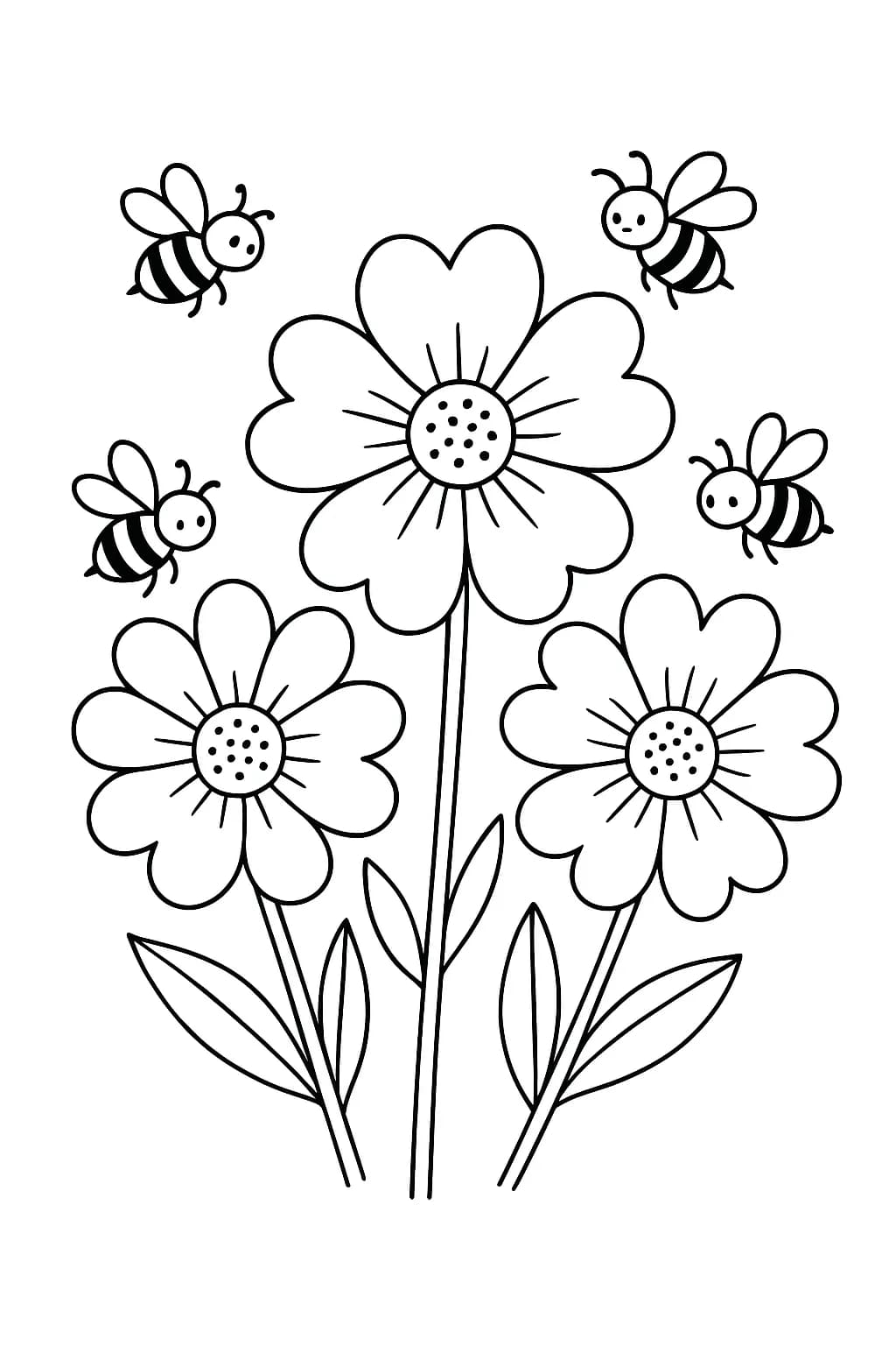 Simple coloring page with large spring flowers and bees, easy for children.
