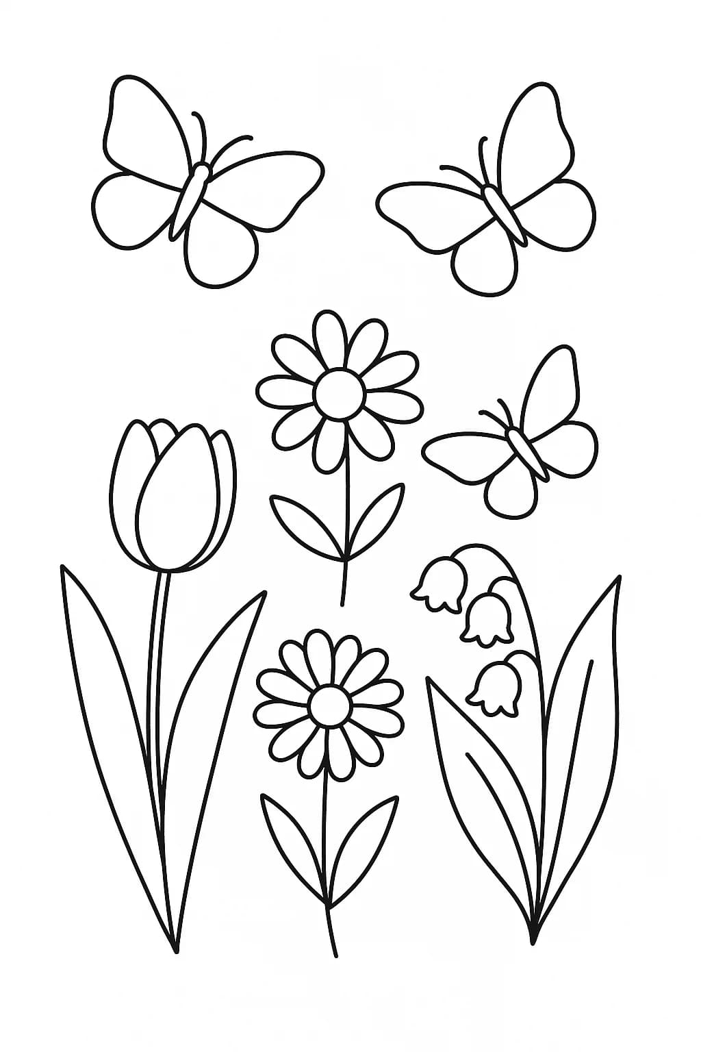 Easy coloring page of spring flowers and butterflies with simple outlines, designed for elementary kids.