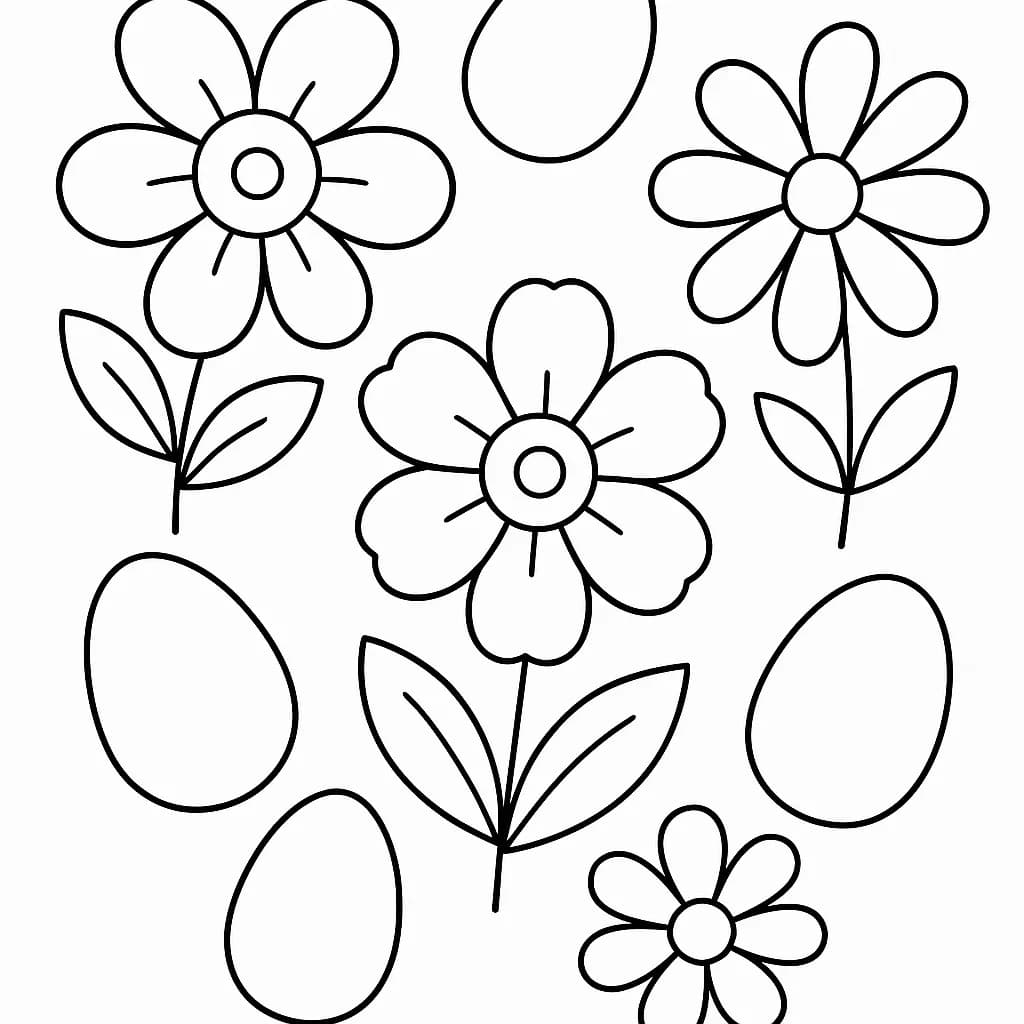 Easy coloring page with big spring flowers and large Easter eggs.
