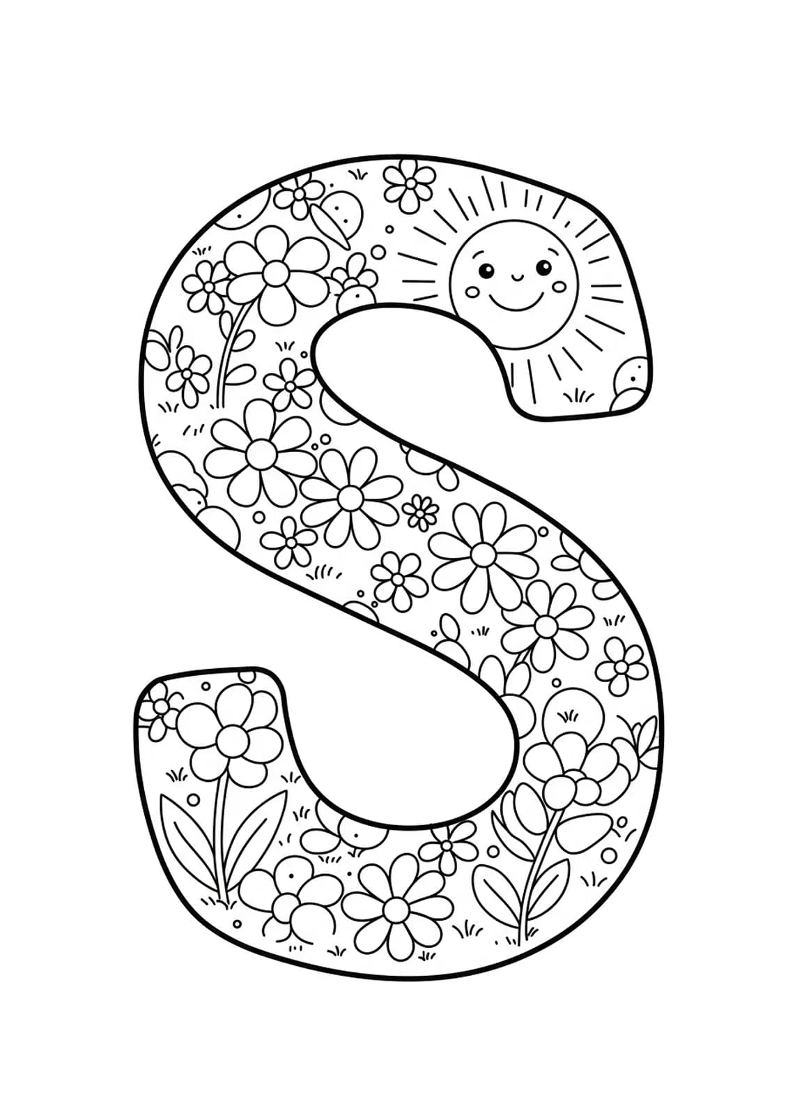 Large letter S surrounded by simple spring flowers and a sun, outlined for coloring.