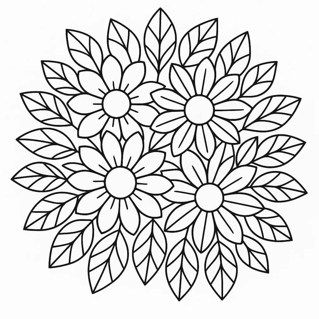 Easy spring flower mandala with large petals and leaves for elementary coloring.