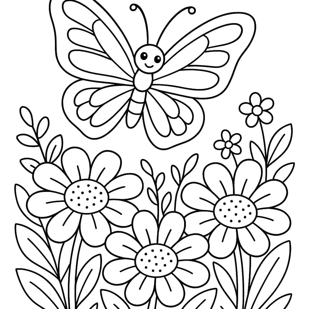 Simple black and white butterfly flying over large spring flowers, easy outlines for preschool coloring