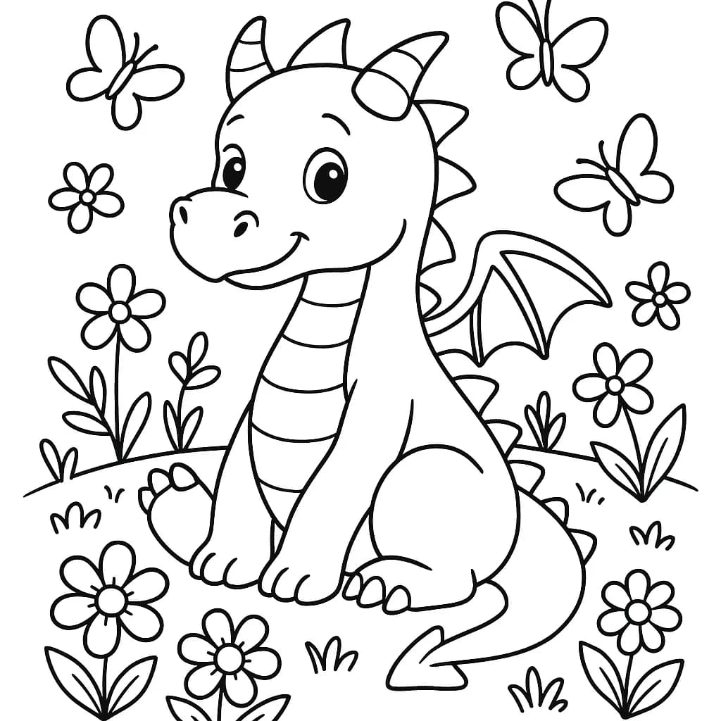 A smiling dragon sitting among flowers and butterflies with simple, easy-to-color outlines.