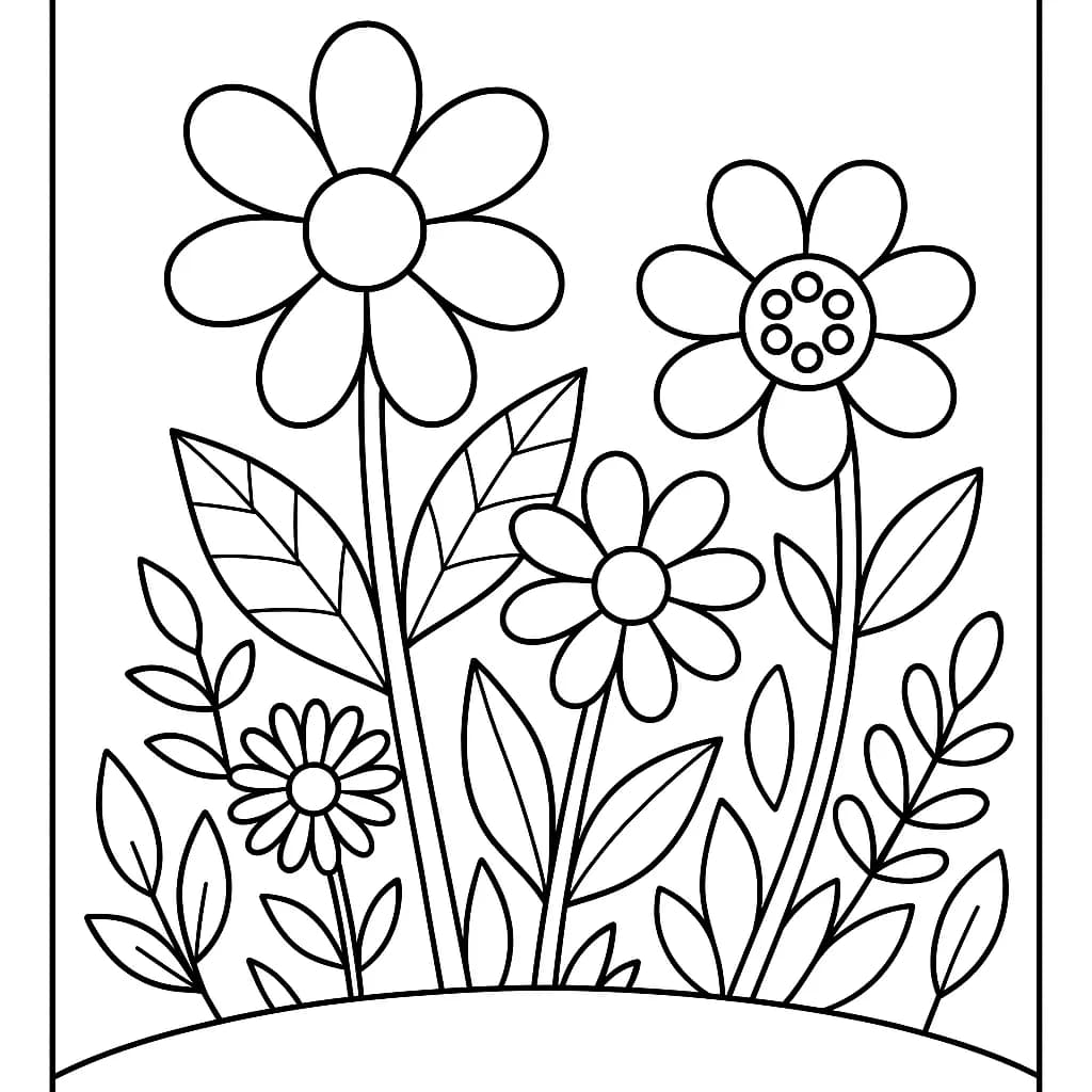 Simple line art of a spring garden with large flowers and leaves for preschool coloring.