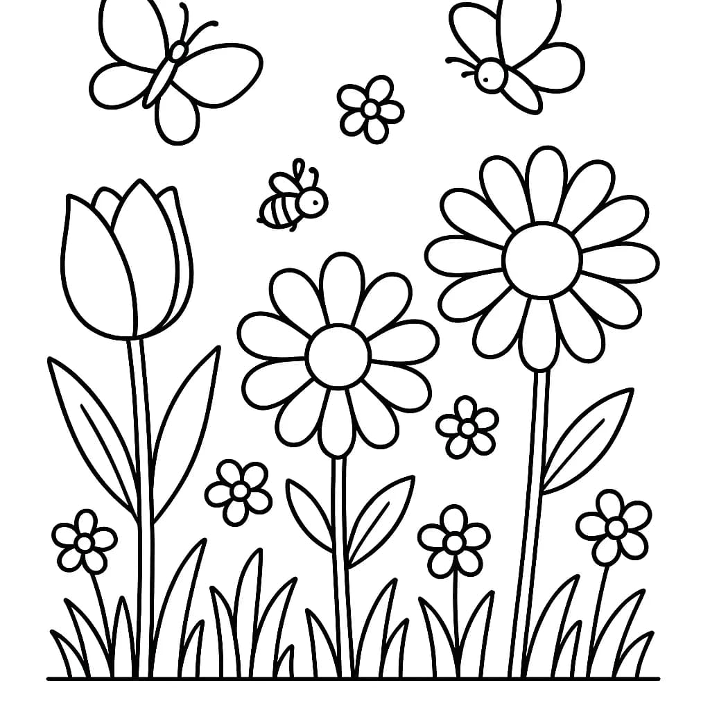 Easy nature-themed coloring page with big flowers, butterflies, and bees for elementary children.