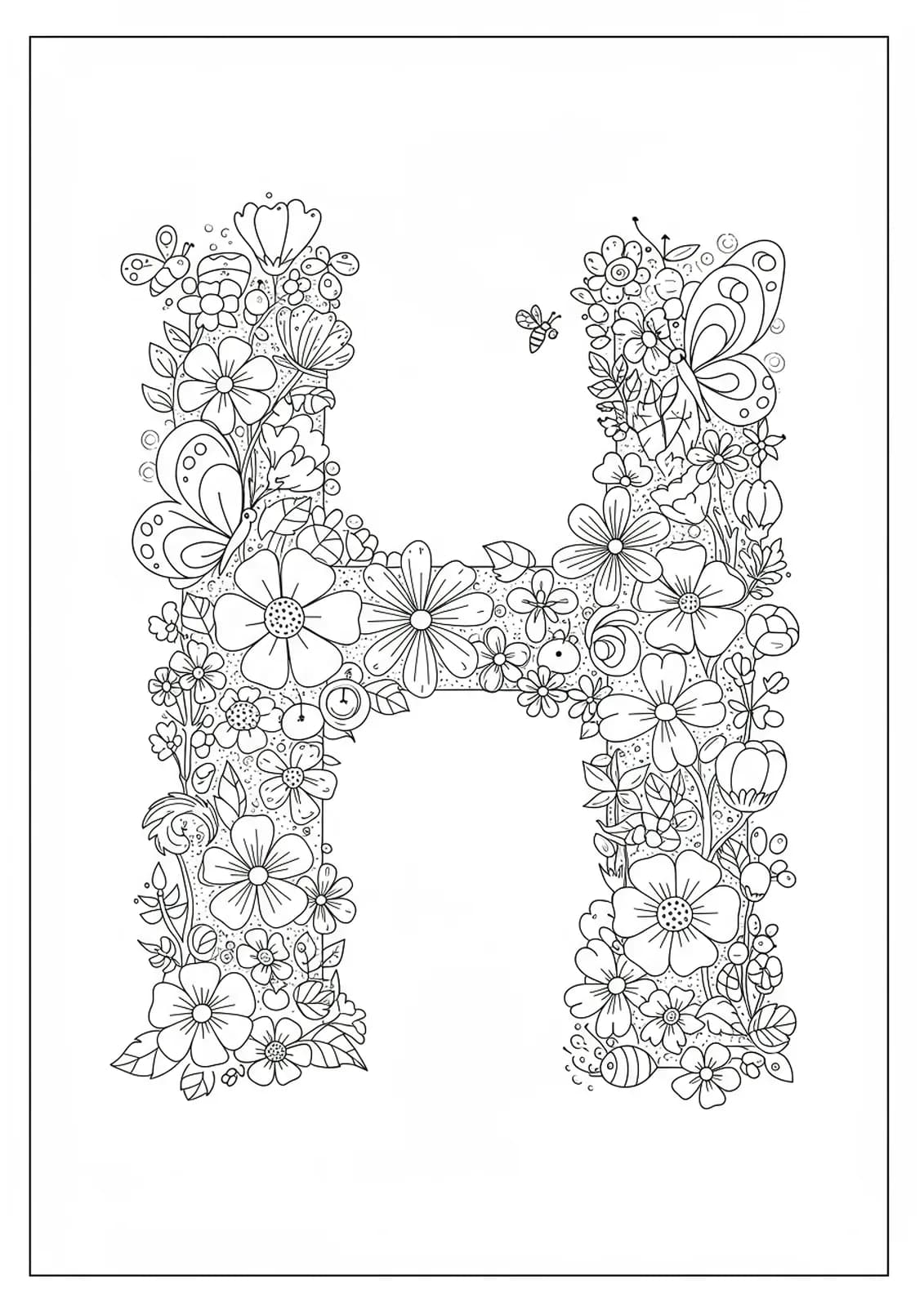 Letter H with medium-level floral and butterfly decorations for spring-themed coloring.