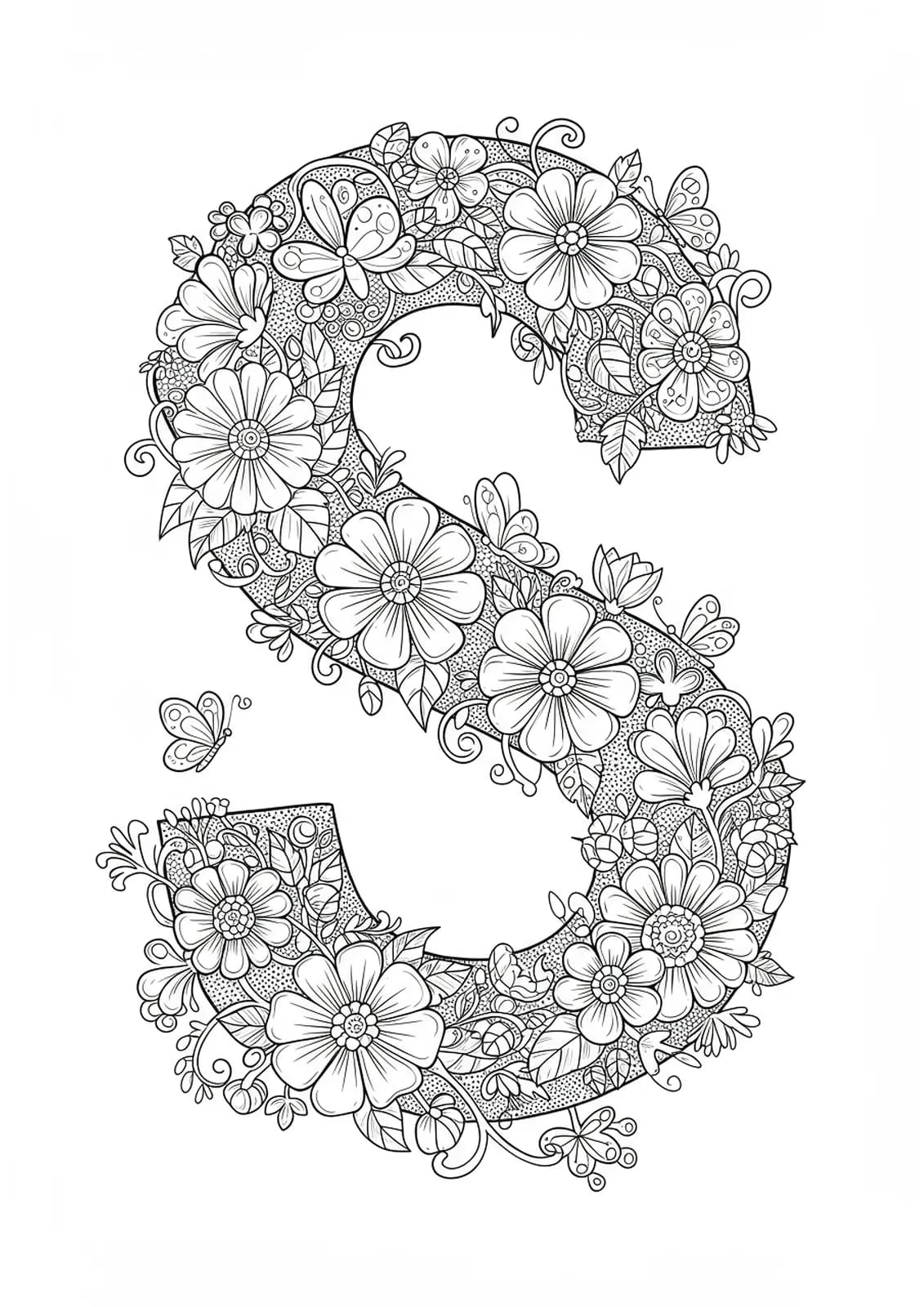Spring garden-themed letter S with detailed flowers, vines, and butterflies for hard coloring.