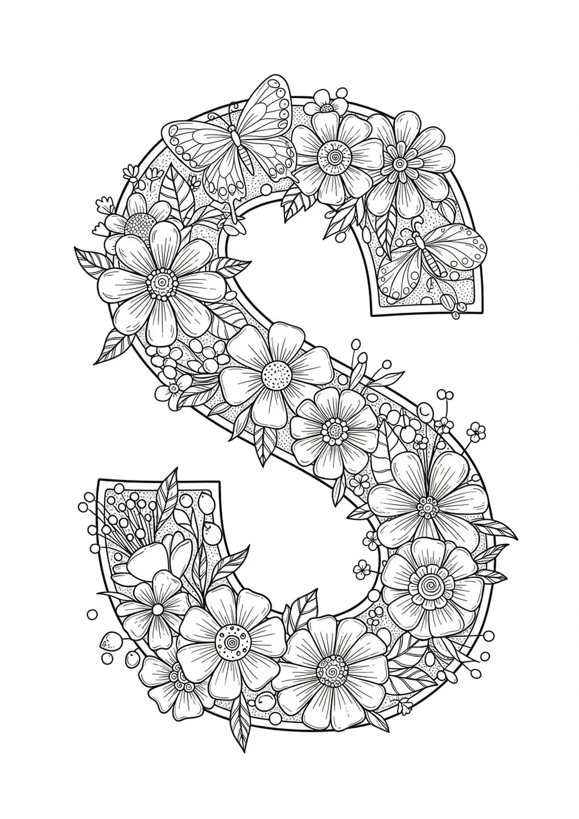 Intricate letter S with detailed spring flowers, butterflies, and leaves for preschoolers to color