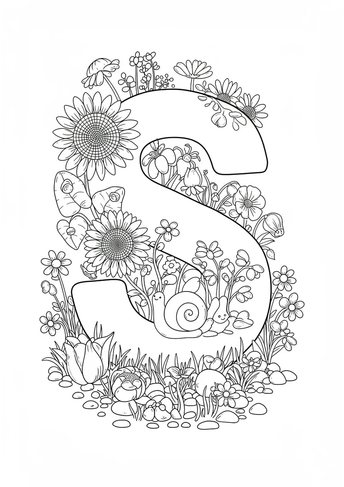 Coloring page with a large letter S surrounded by sunflowers, snails, and sprouting plants.