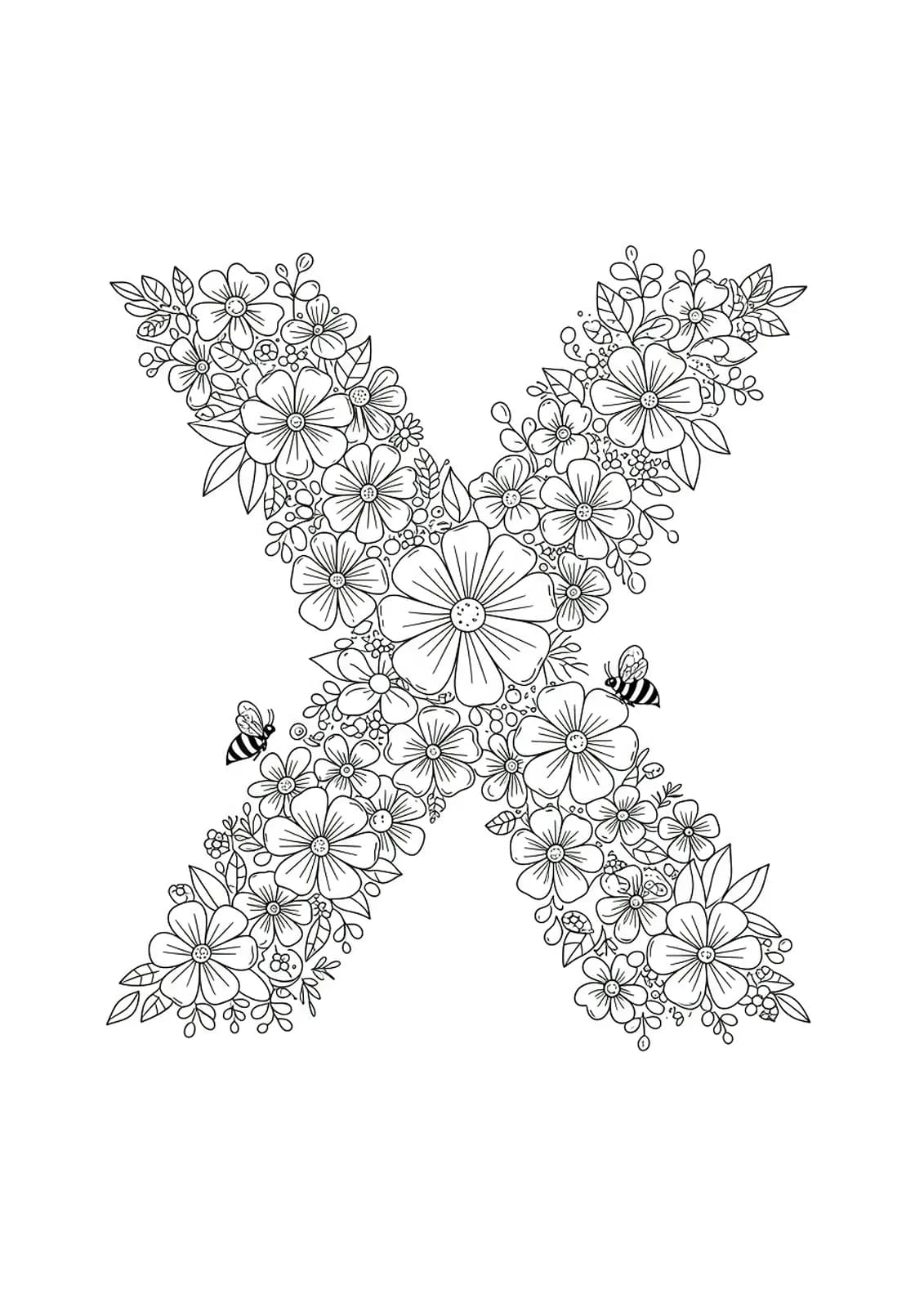 Letter X surrounded by spring flowers, bees, and butterflies, medium detail for elementary kids.