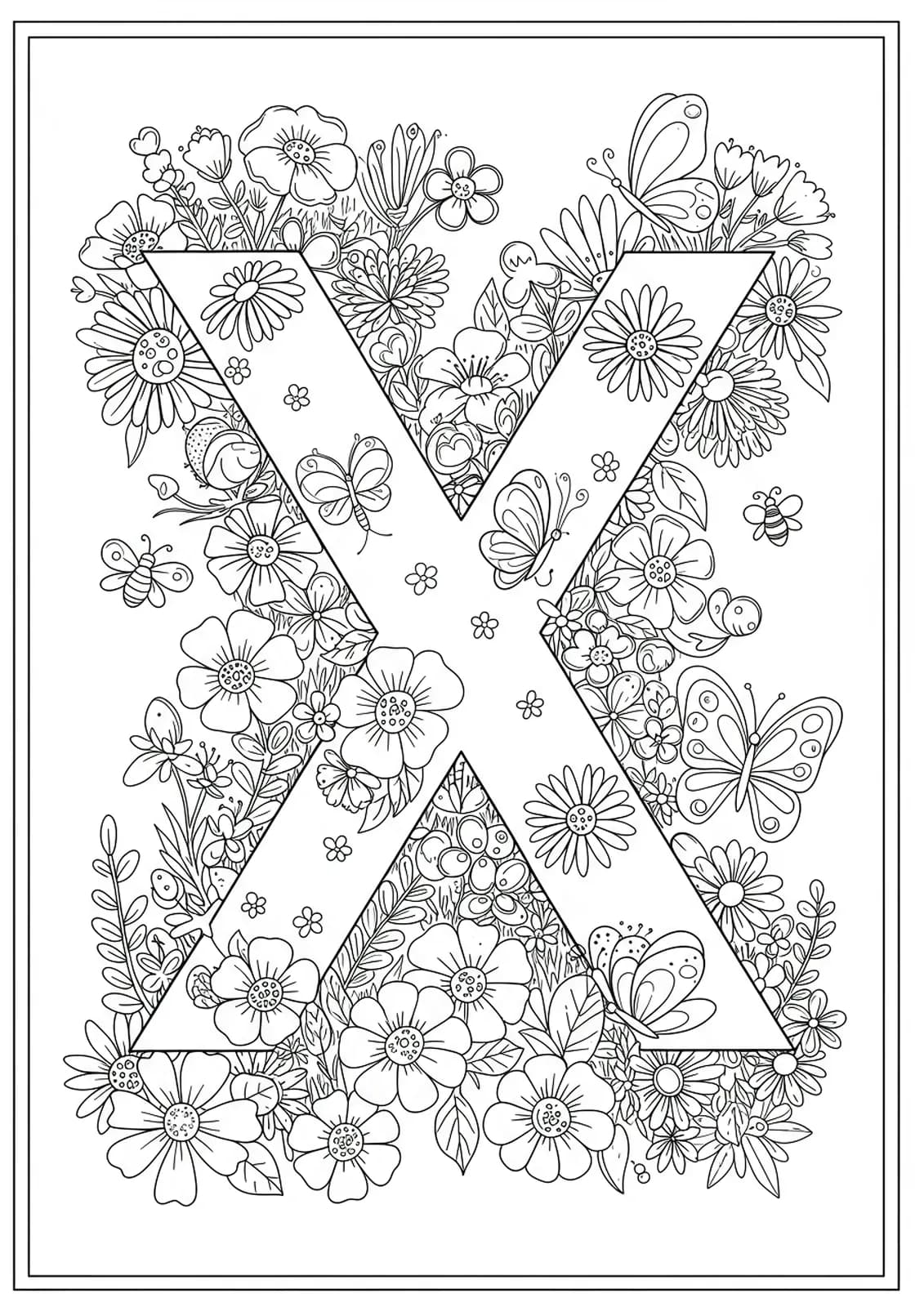 Letter X in a garden with detailed flowers, bees, and butterflies for coloring