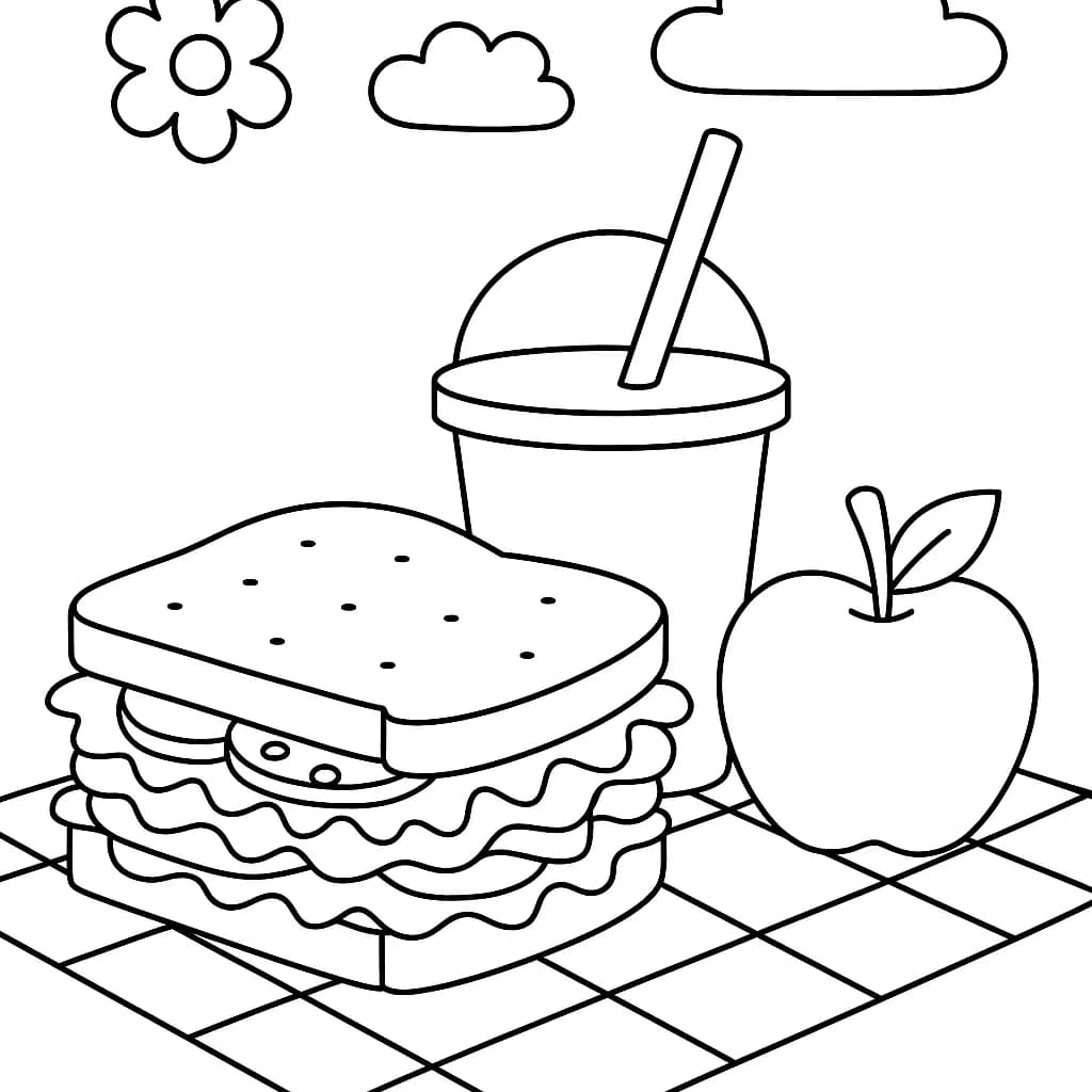 Easy coloring page of a sandwich, juice box, and apple for a spring picnic scene