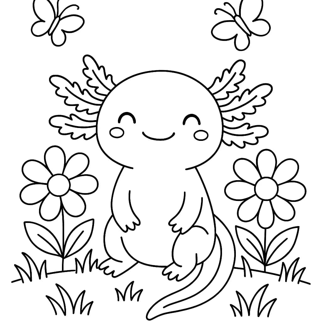 Simple axolotl outline in a field with big flowers and butterflies, easy for preschoolers