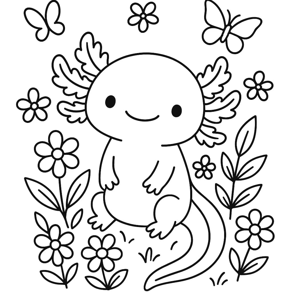 Easy spring axolotl coloring page with flowers and butterflies.