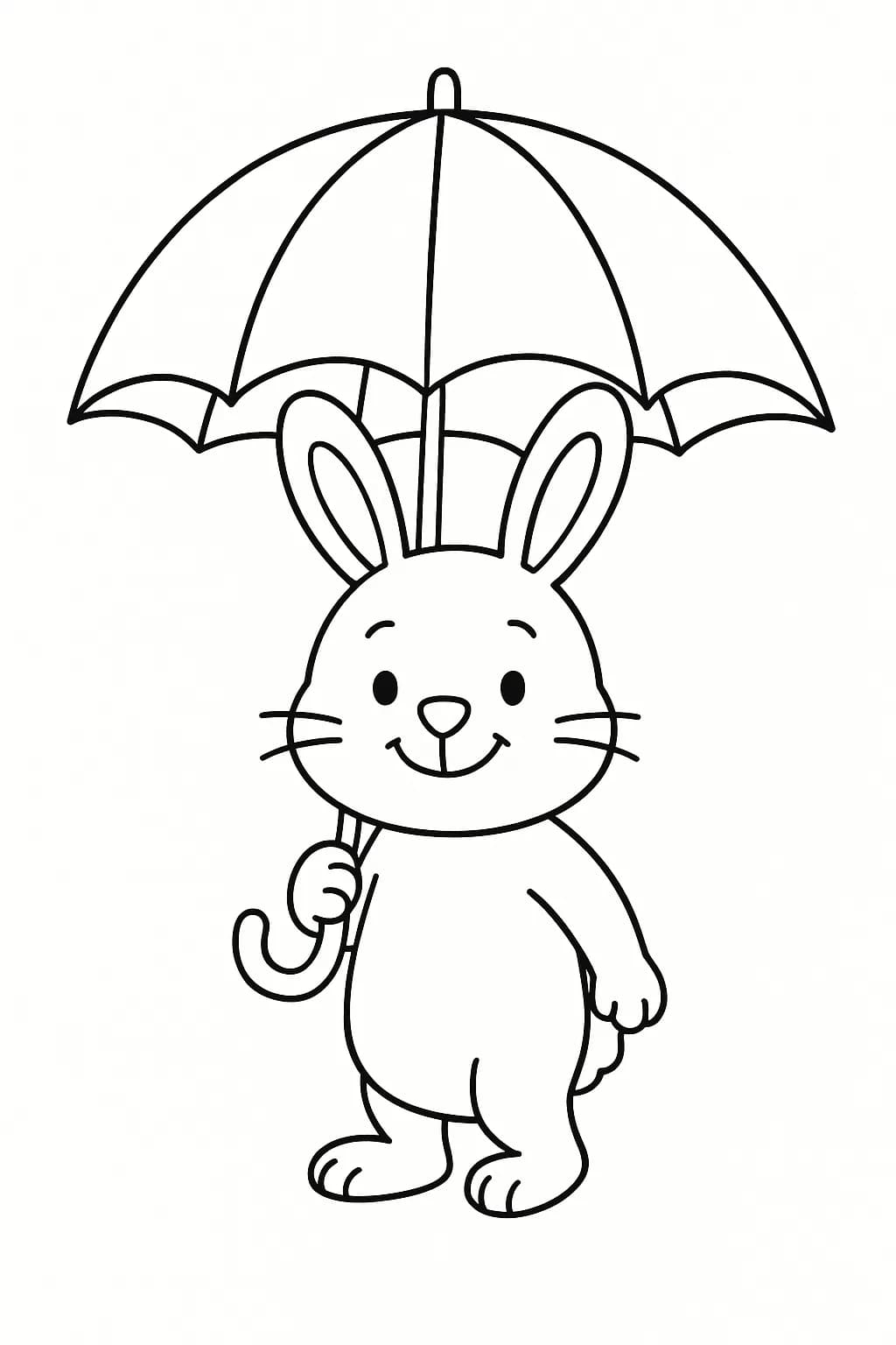 Coloring page of a bunny with a large umbrella, designed with simple lines for preschoolers