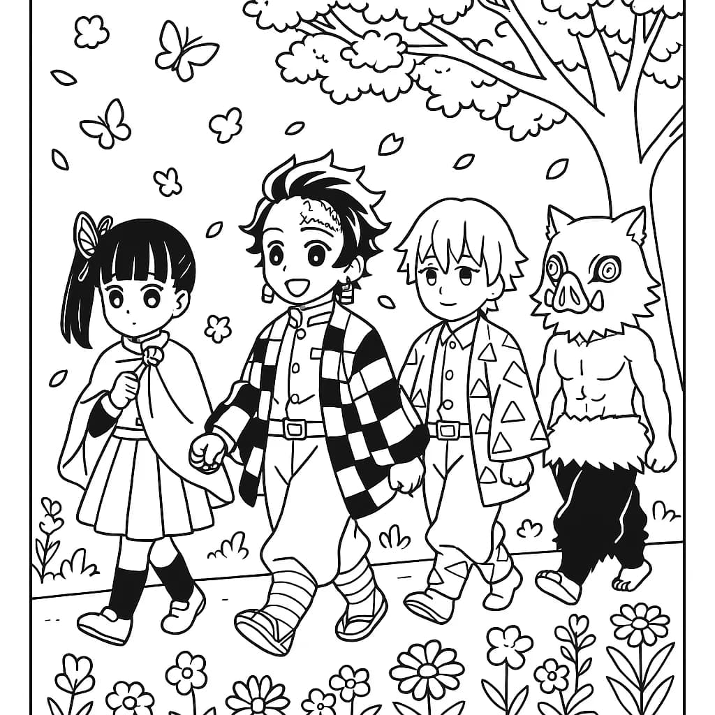 Demon Slayer characters walking among flowers and butterflies under trees in spring