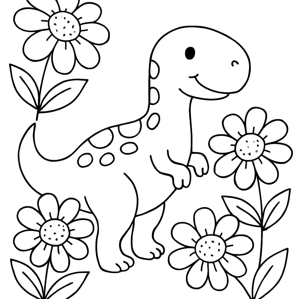 Preschool coloring page with dinosaur and simple spring flowers