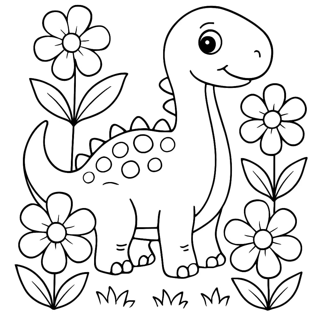 Simple dinosaur standing among large flowers, spring theme coloring page for preschool children