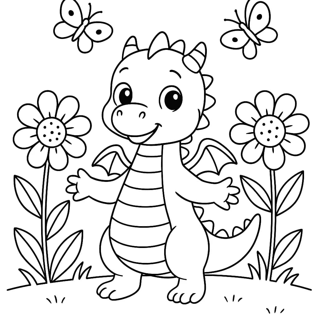 Coloring page showing a friendly dragon standing in a field of big flowers with butterflies flying around.