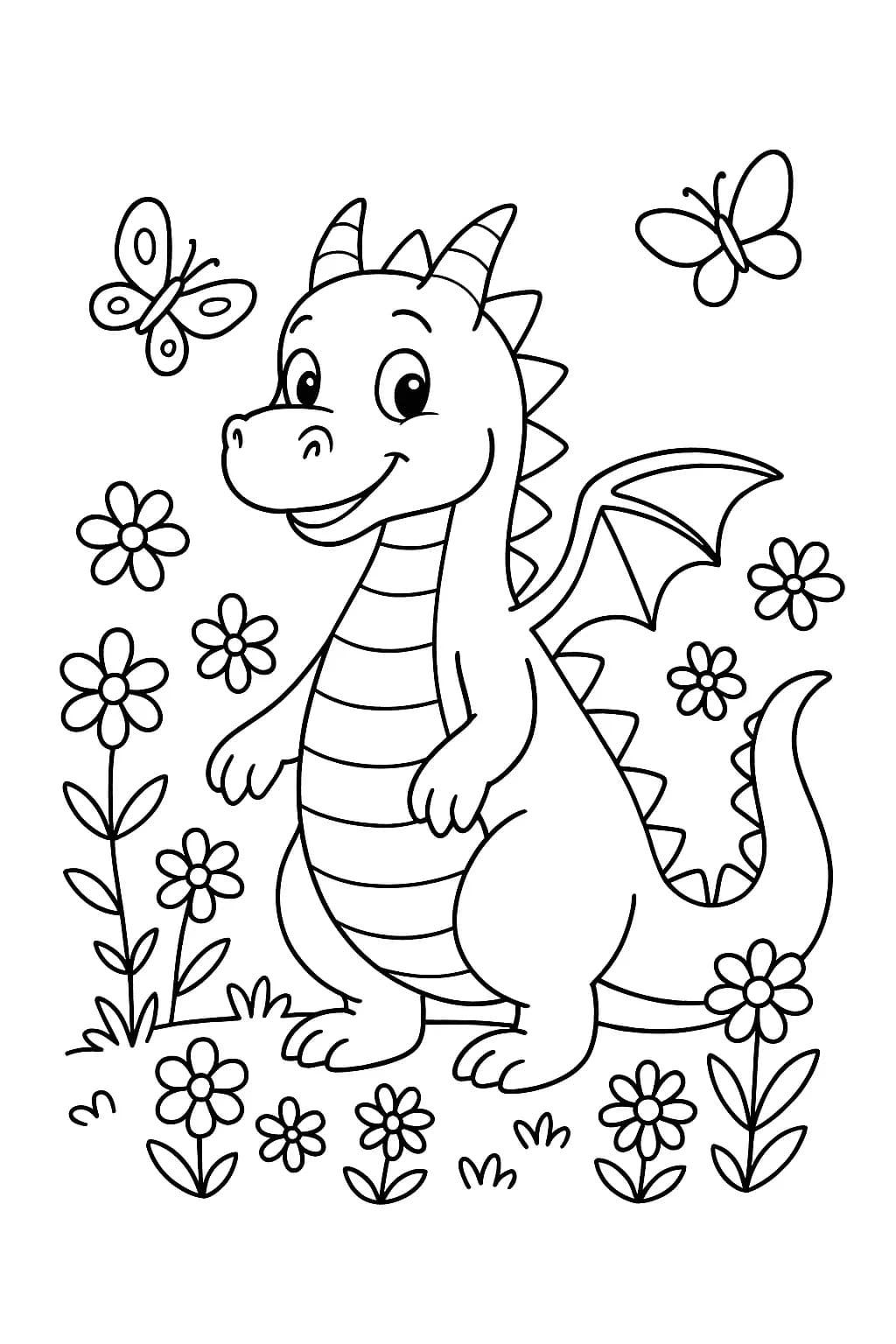 Gentle dragon in a spring garden with flowers and butterflies, suitable for elementary coloring.
