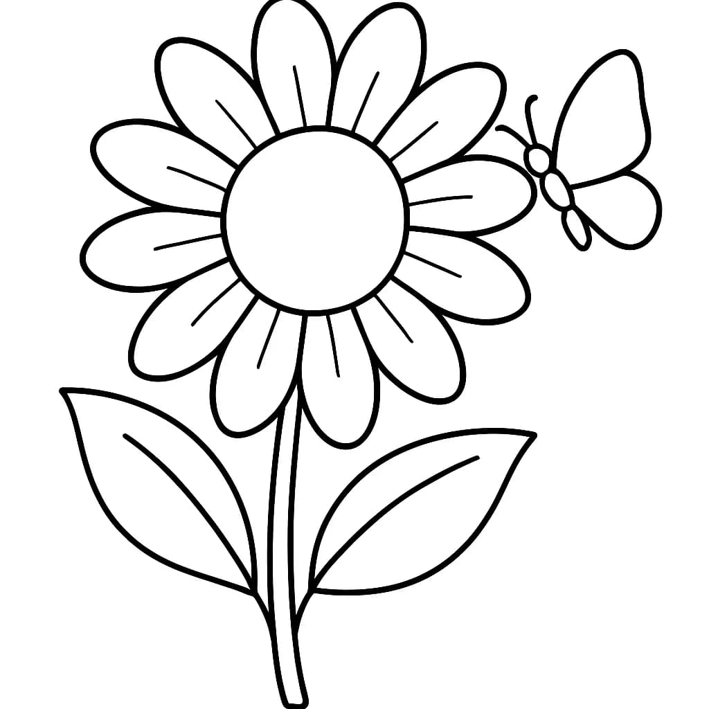 Simple spring flower with a butterfly coloring page for preschool kids.