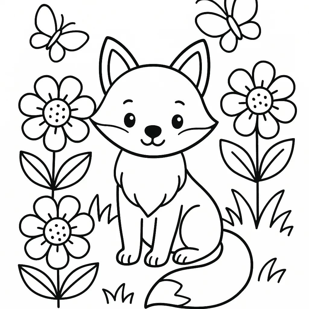Easy coloring page with a fox in a meadow surrounded by flowers and butterflies.