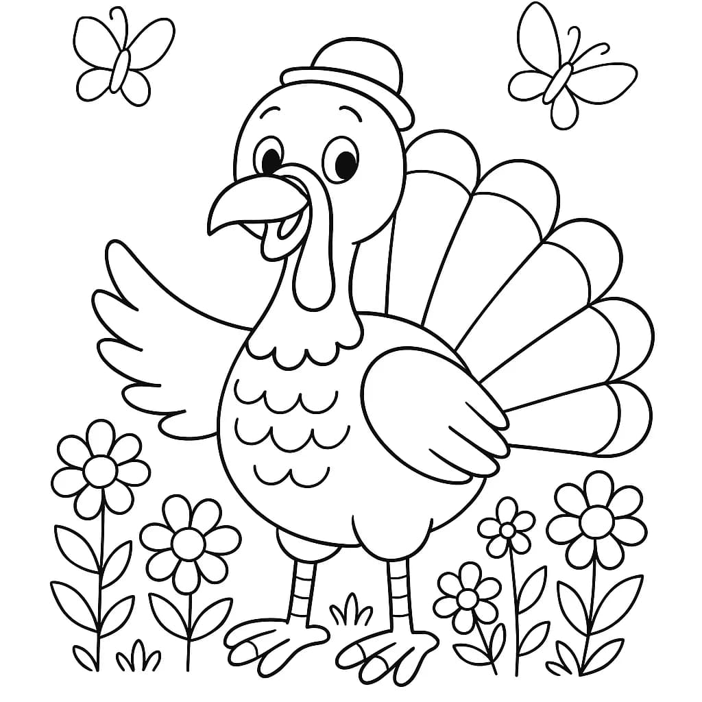 An easy coloring page showing a turkey standing in a garden with flowers and butterflies.