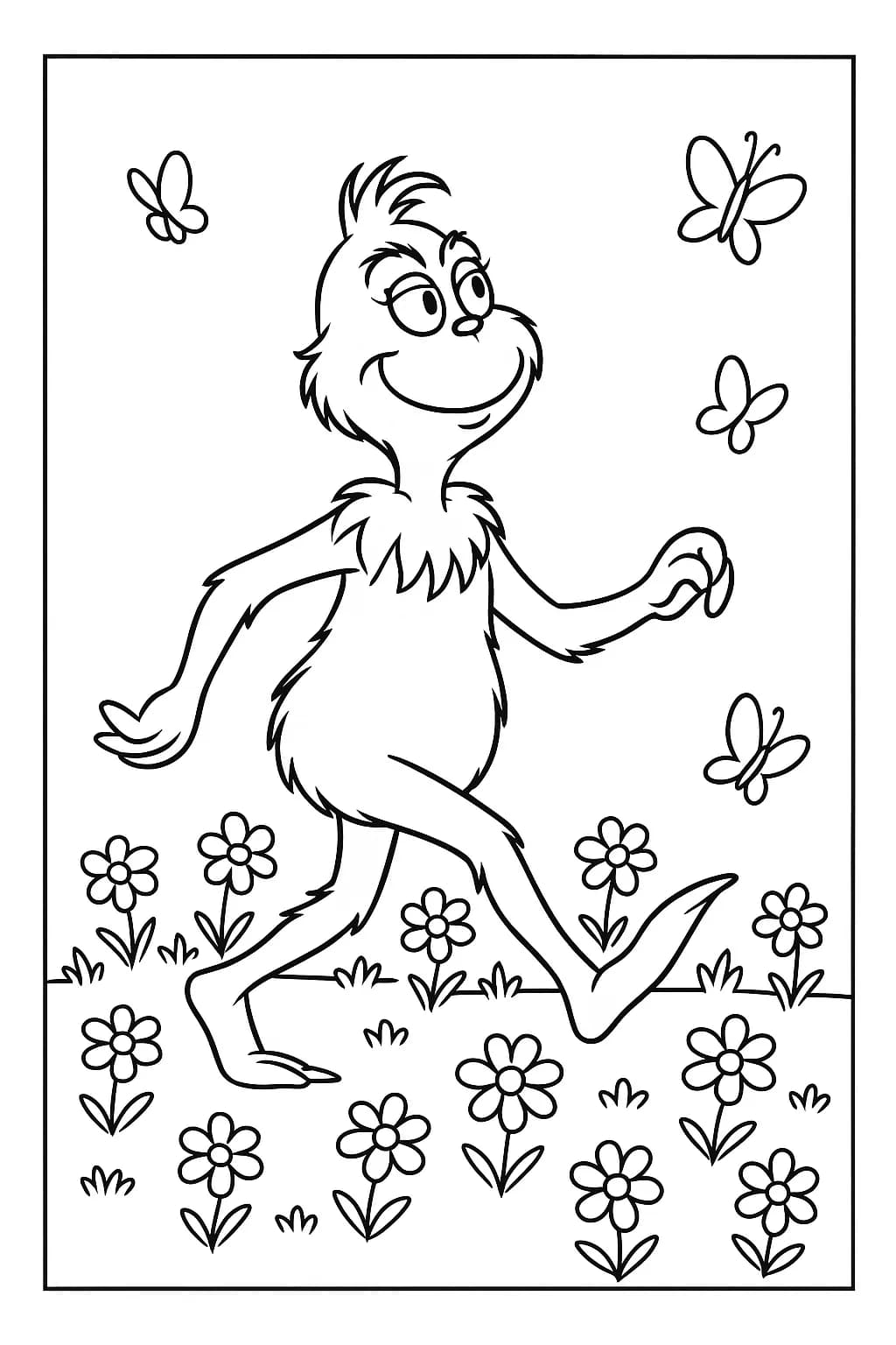 Easy coloring page of the Grinch walking in a field of flowers with butterflies flying around.