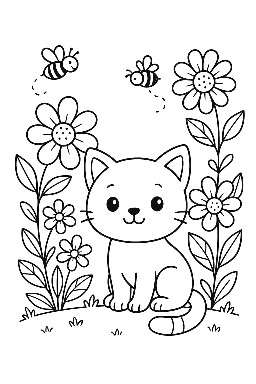 Easy spring coloring page of a kitty in a garden with large flowers and bees.
